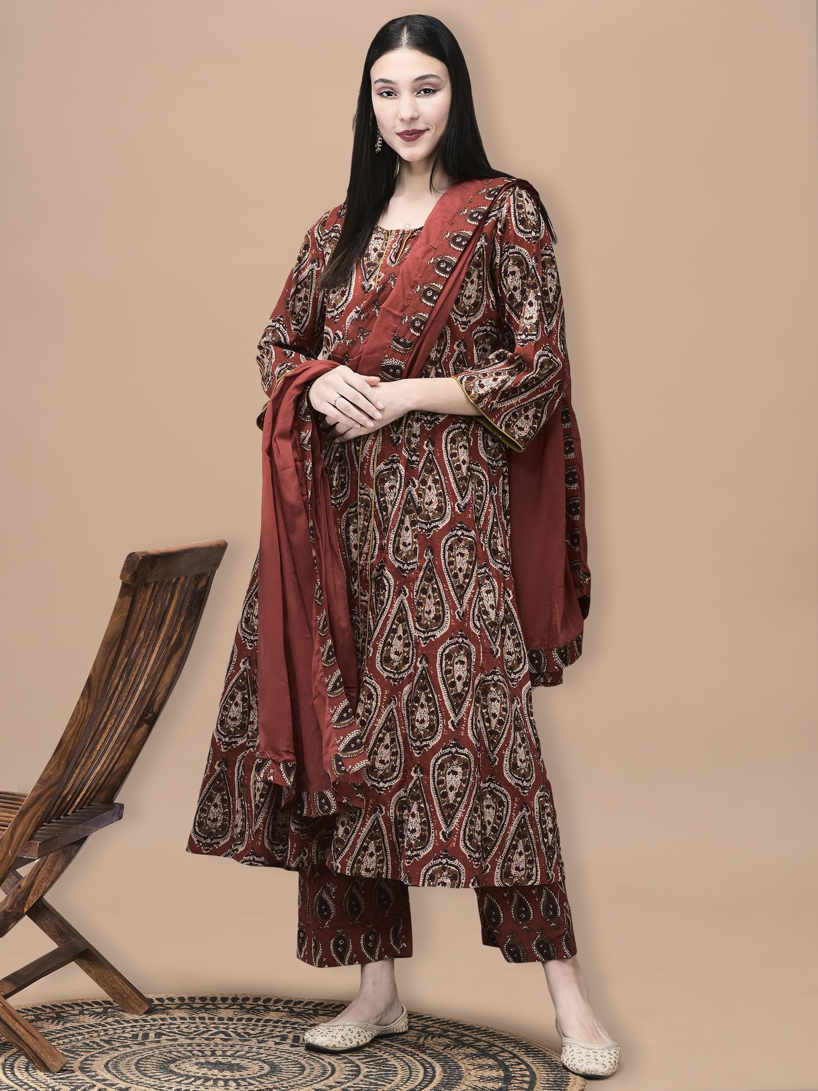 Rust orange geometric pattern printed cotton regular fit salwar kameez set