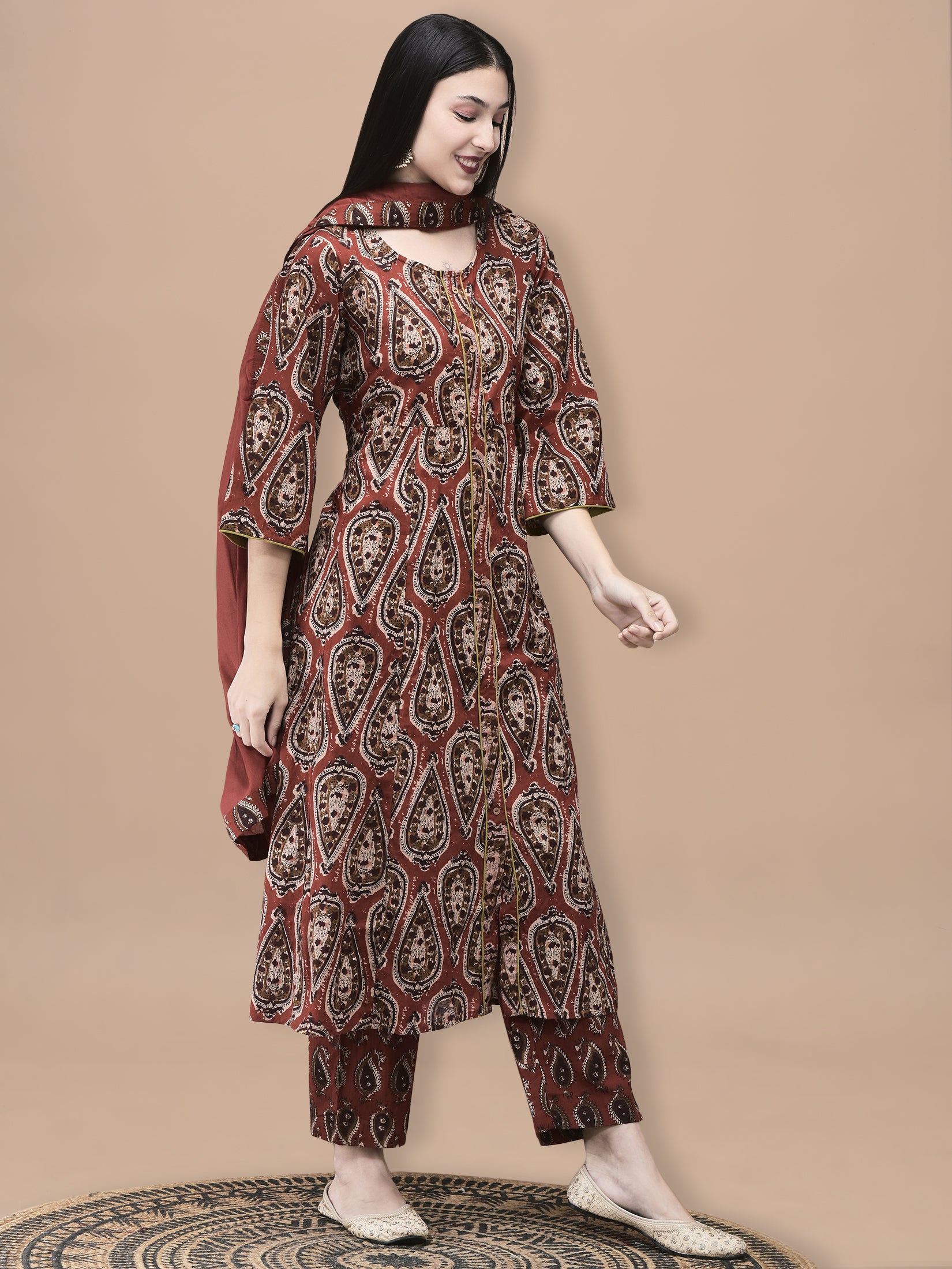 Women Cotton Rust Geometric Print Kurta Comfort Pant Dupatta