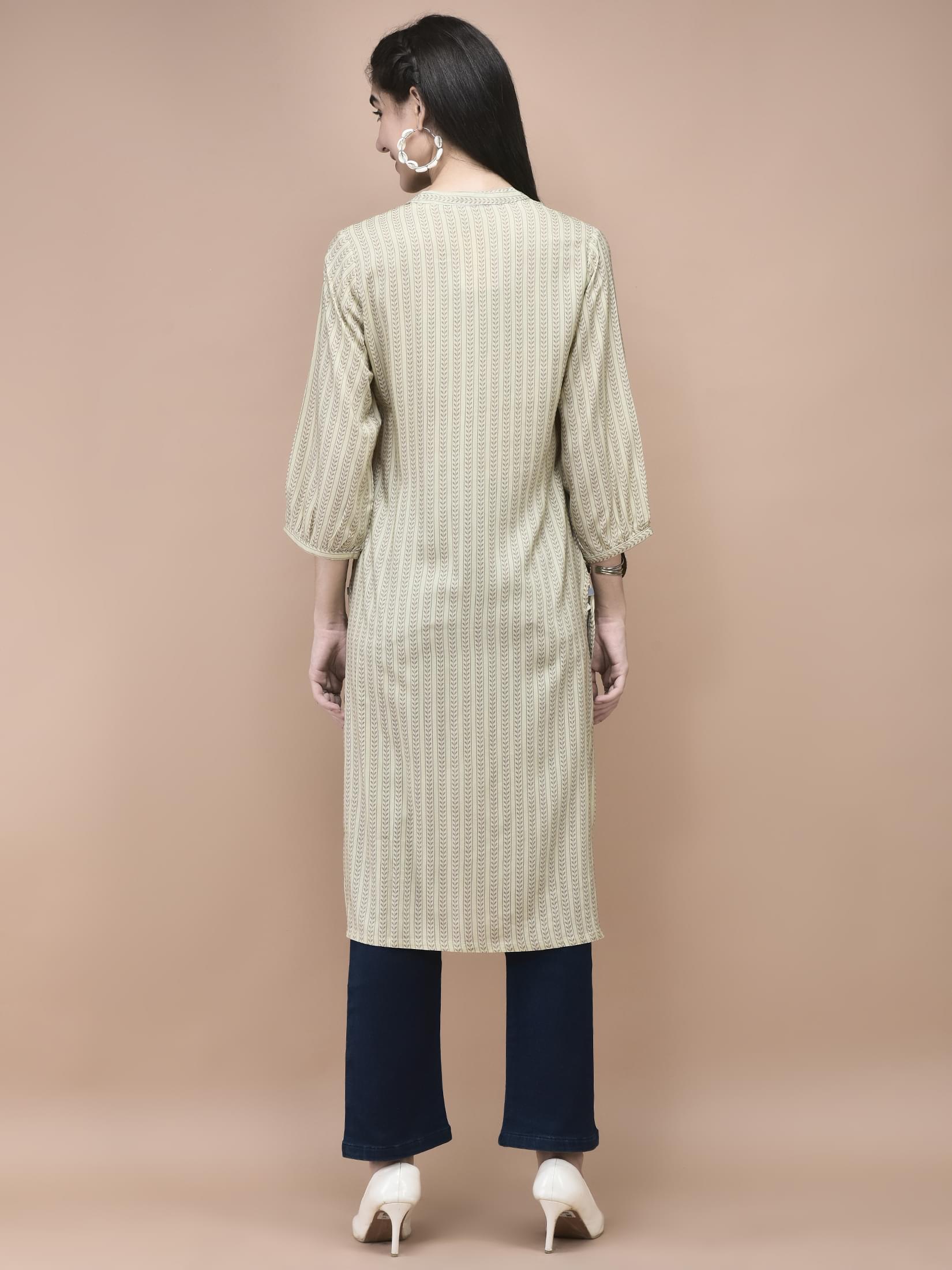 Women Liva Beige Geometric Print Kurta.