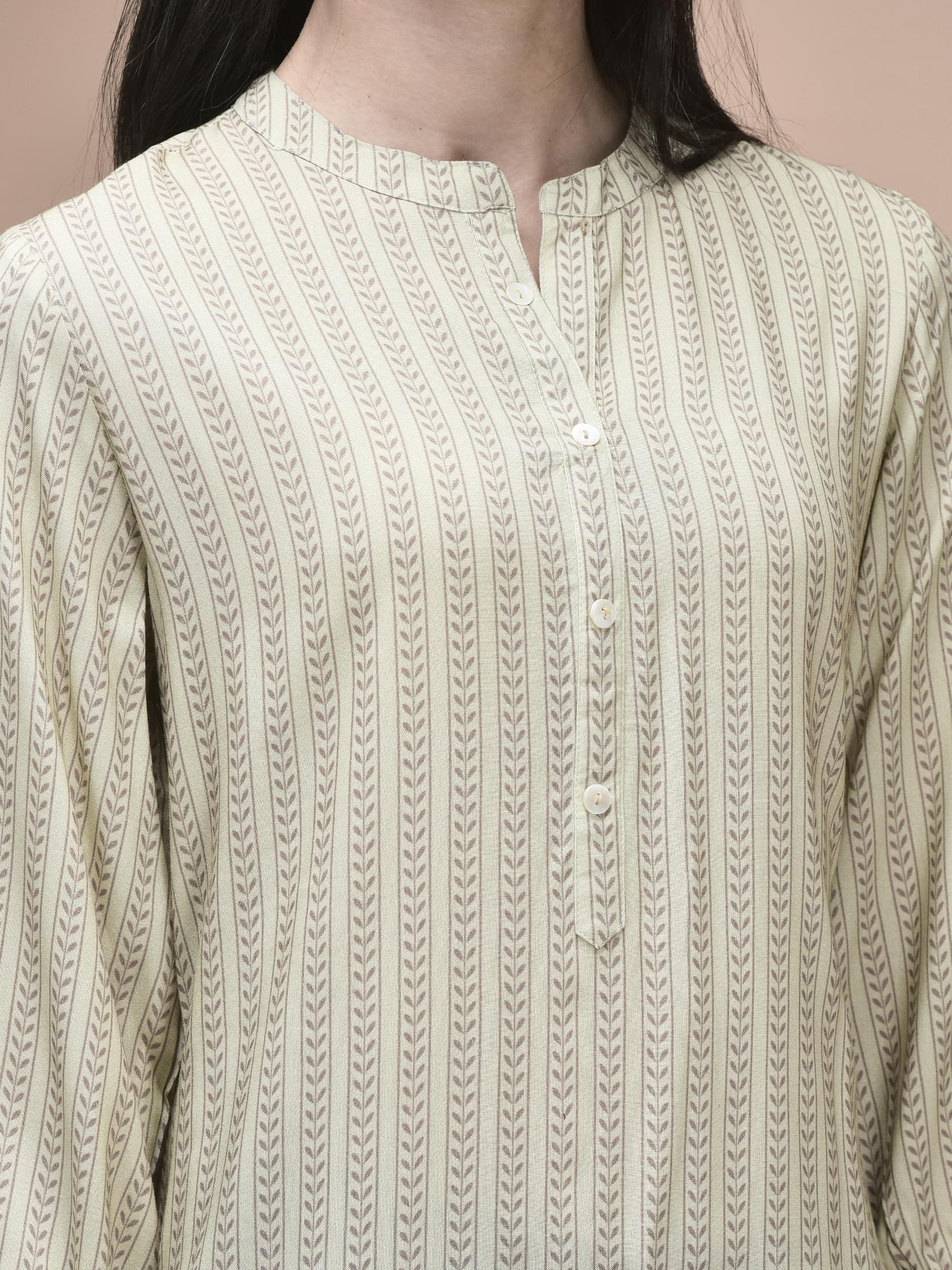Women Liva Beige Geometric Print Kurta.