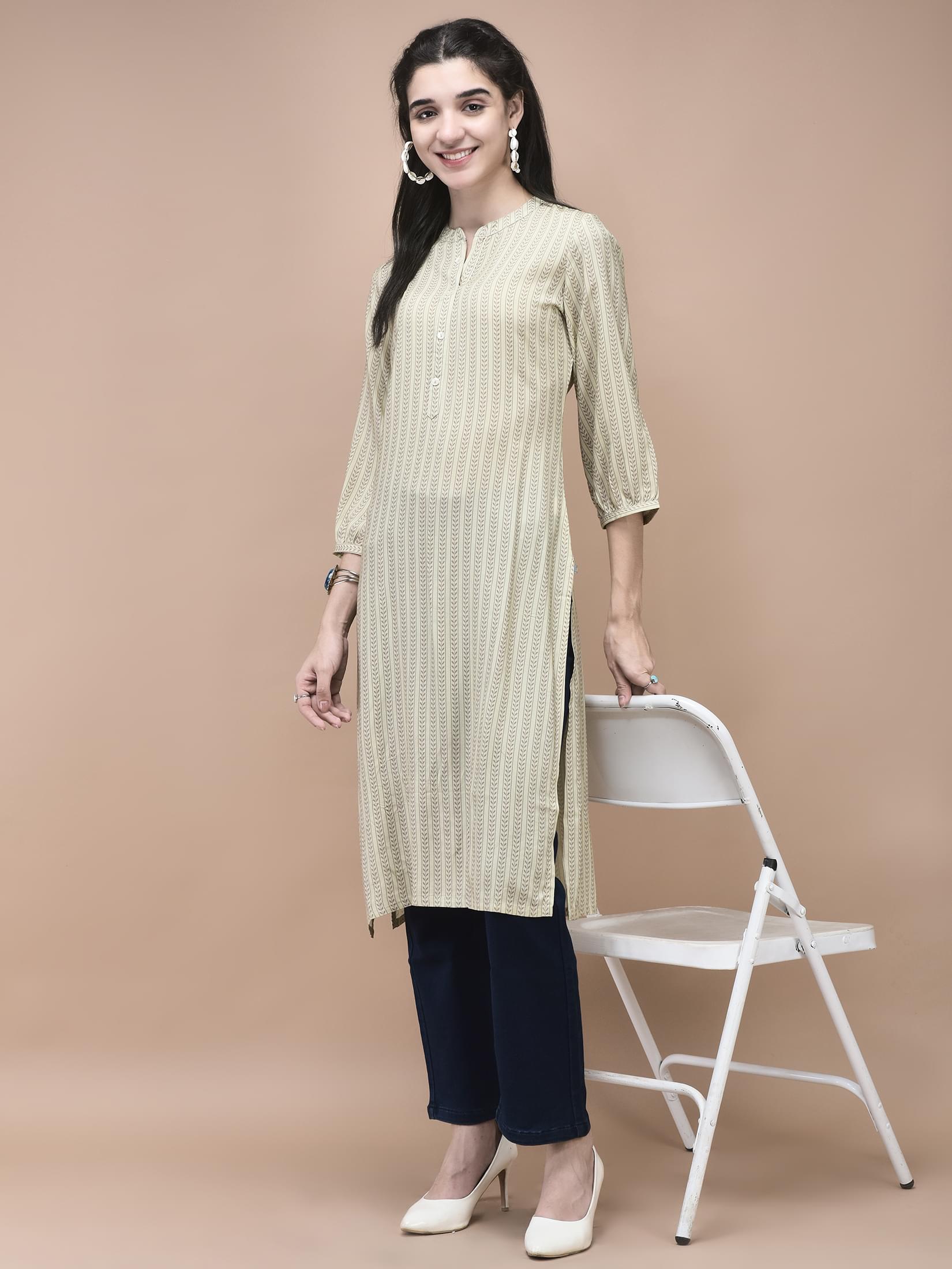 Women Liva Beige Geometric Print Kurta.