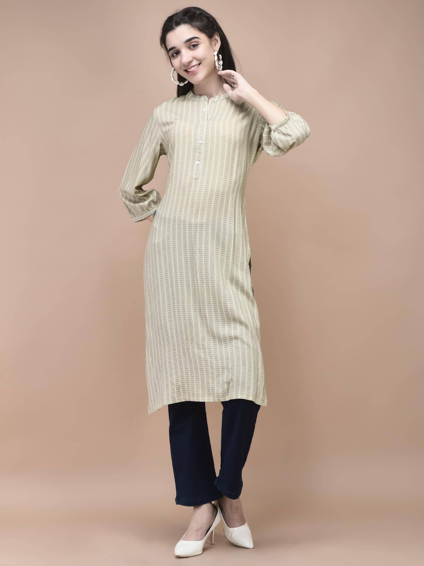 Women Liva Beige Geometric Print Kurta.