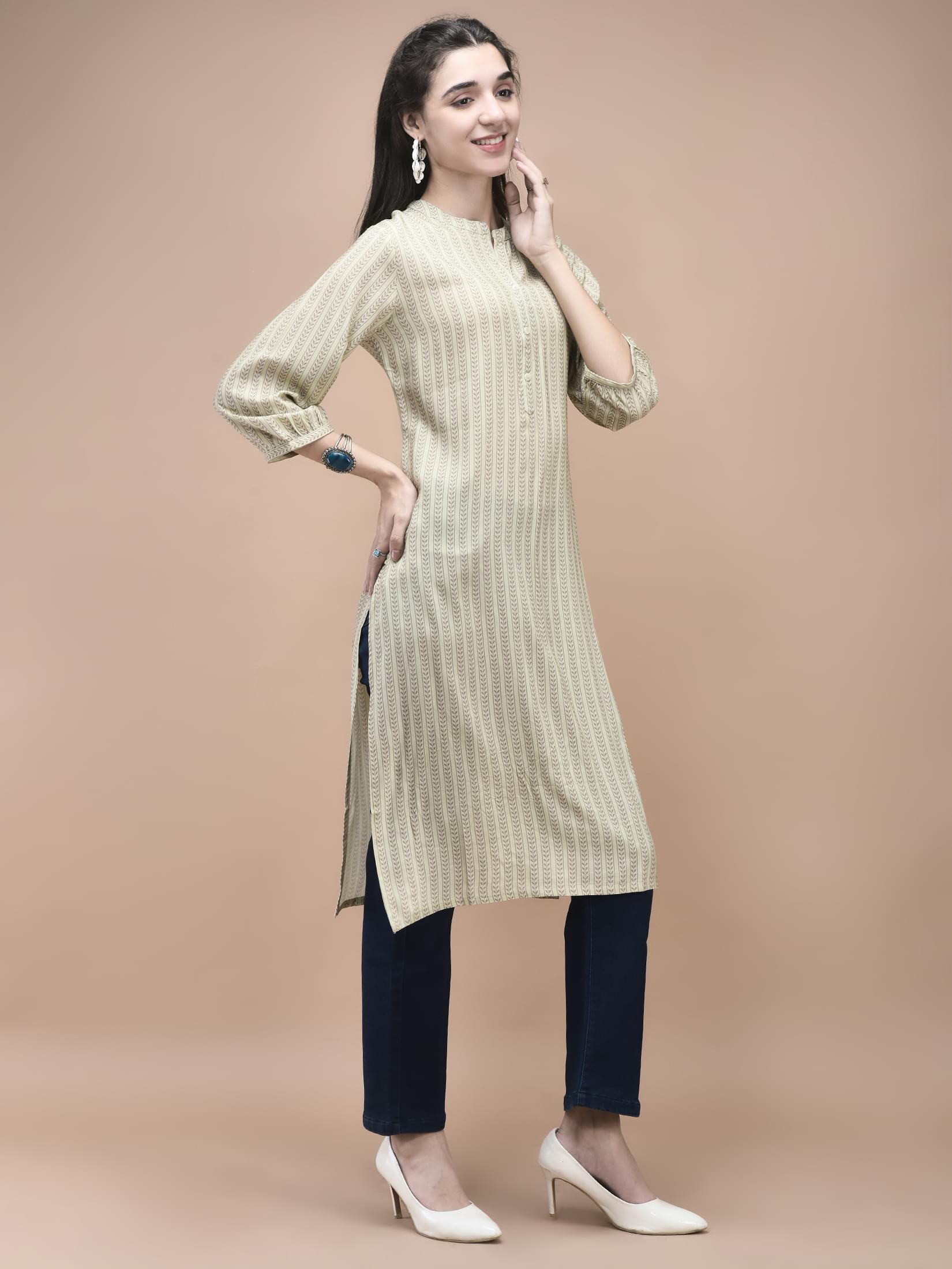Women Liva Beige Geometric Print Kurta.