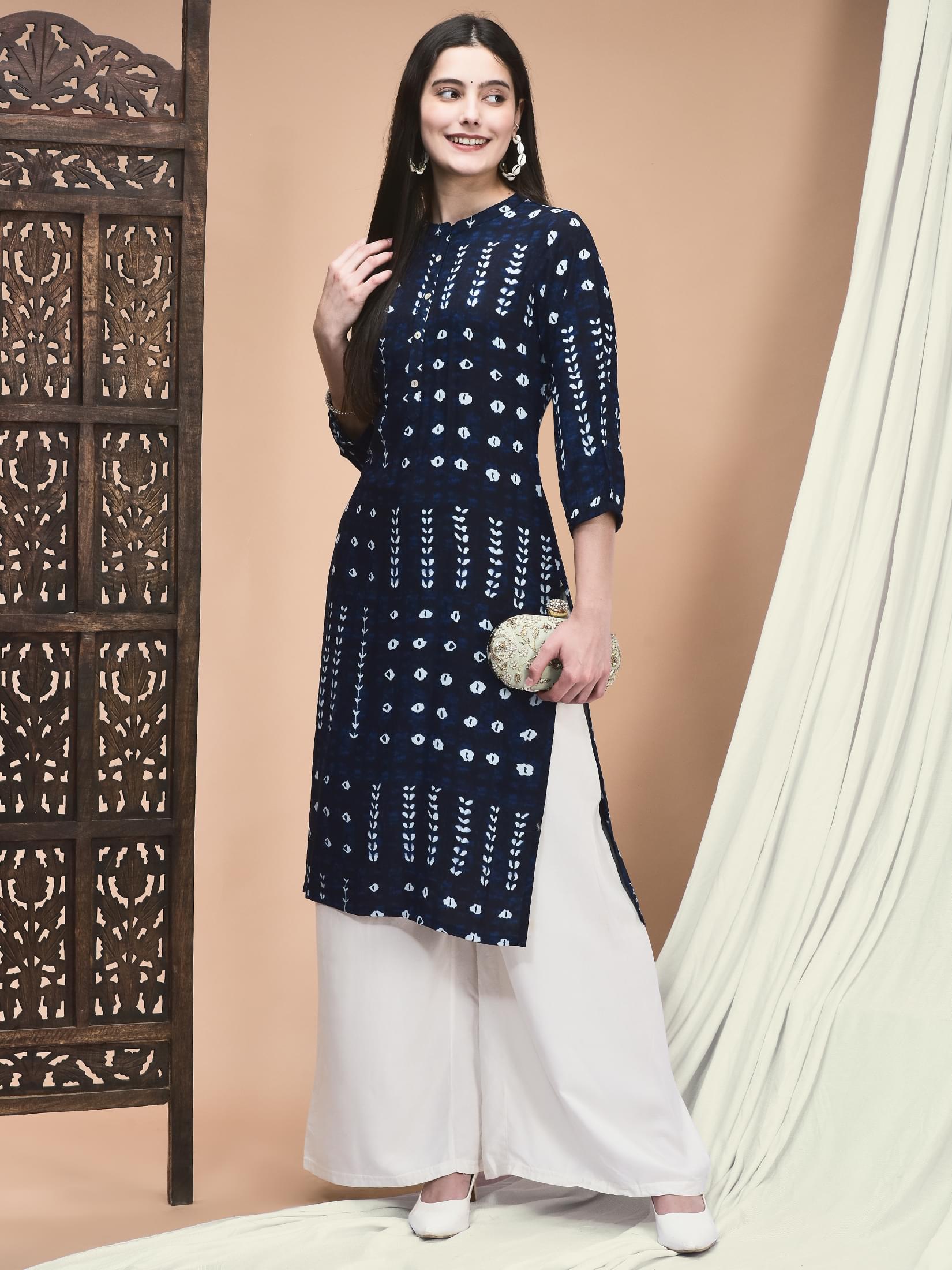 Women Liva Indigo Geometric Print Kurta.