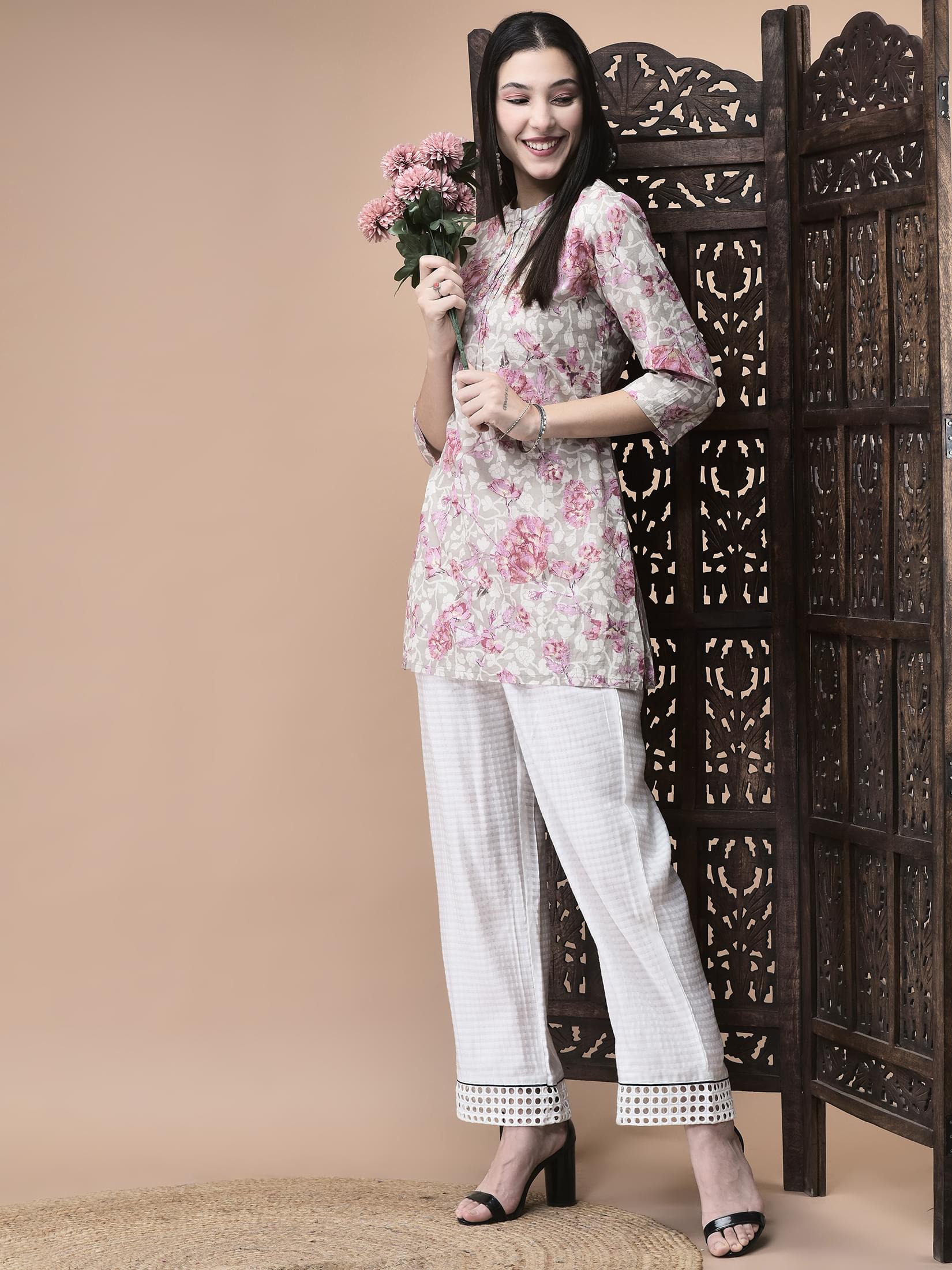 Women Cotton Multicolor Floral Print Tunic.