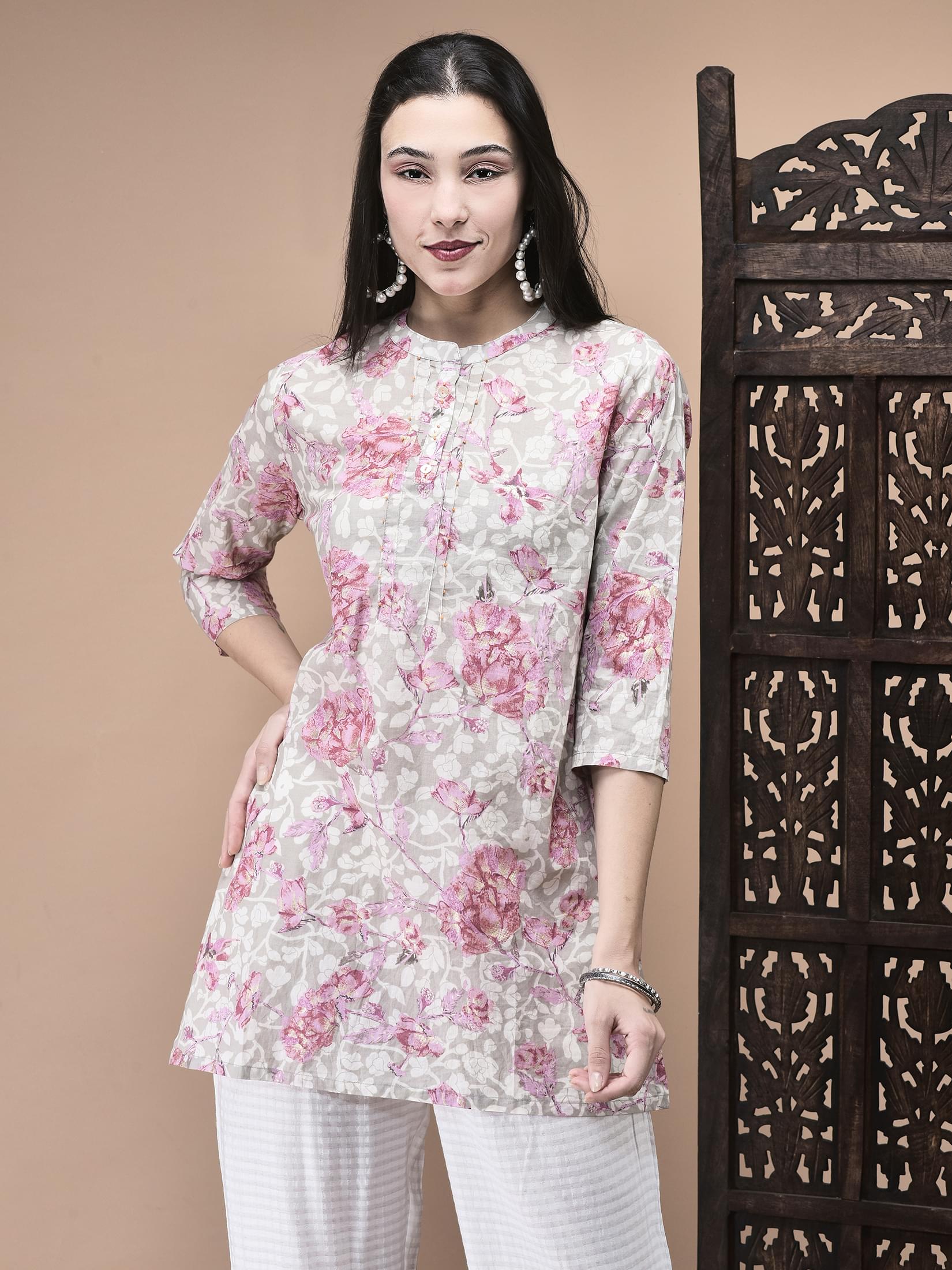 Vibrant multicolor floral design cotton casual wear regular tunic top byshree