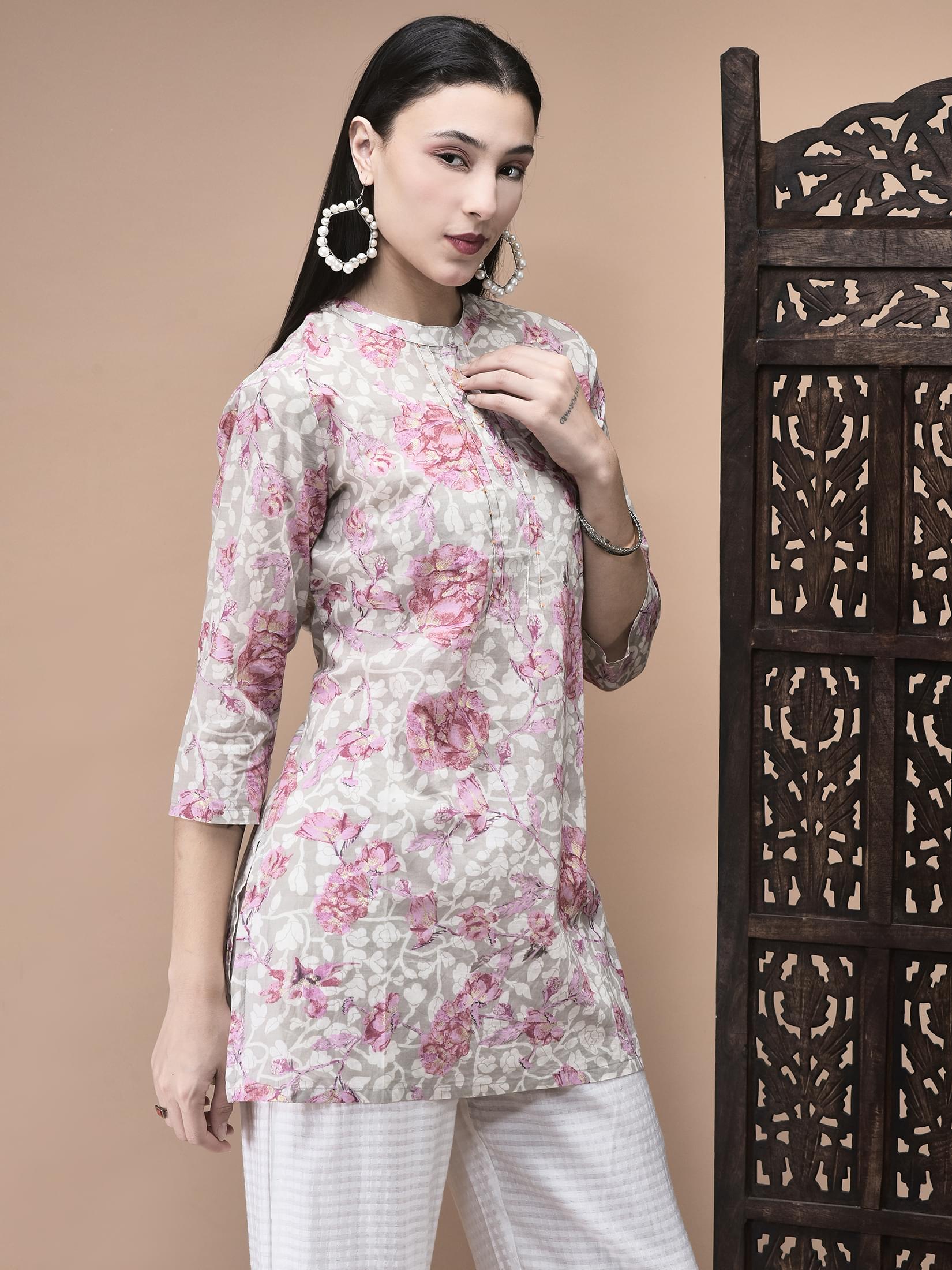 Women Cotton Multicolor Floral Print Tunic.