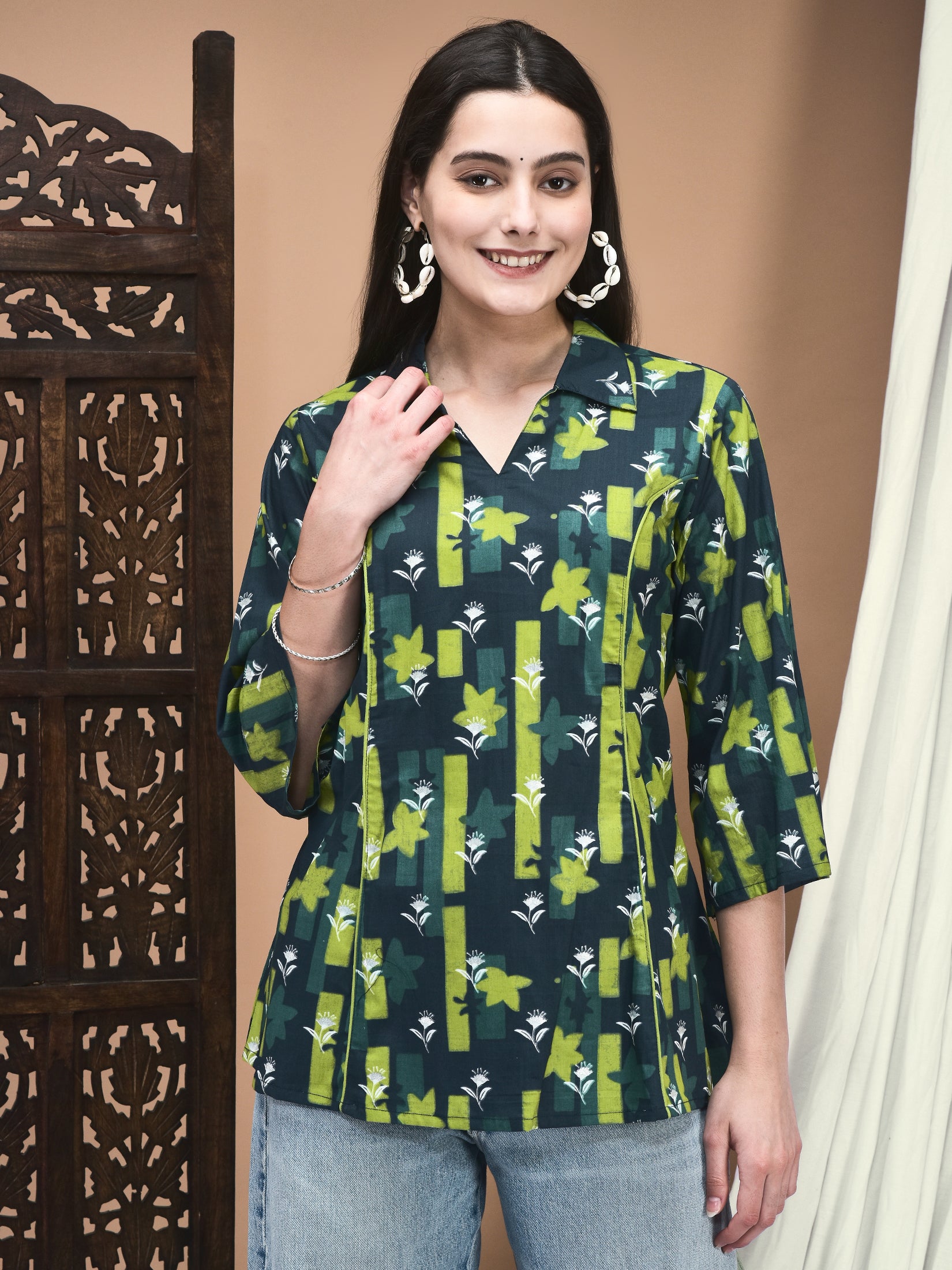 Forest green multi floral trail print cotton regular comfort fit tunic top