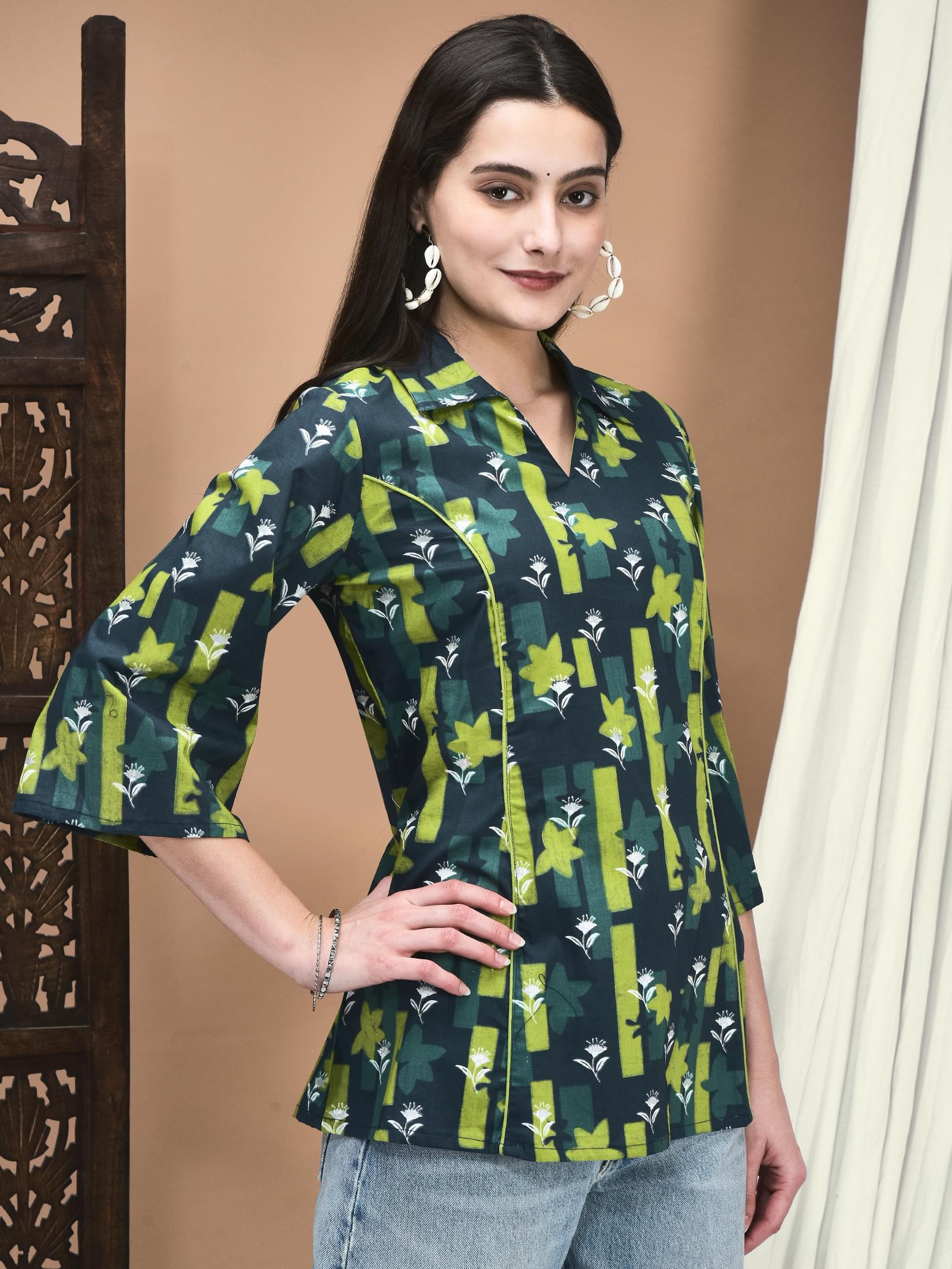 Women Cotton Green Floral Print Tunic.