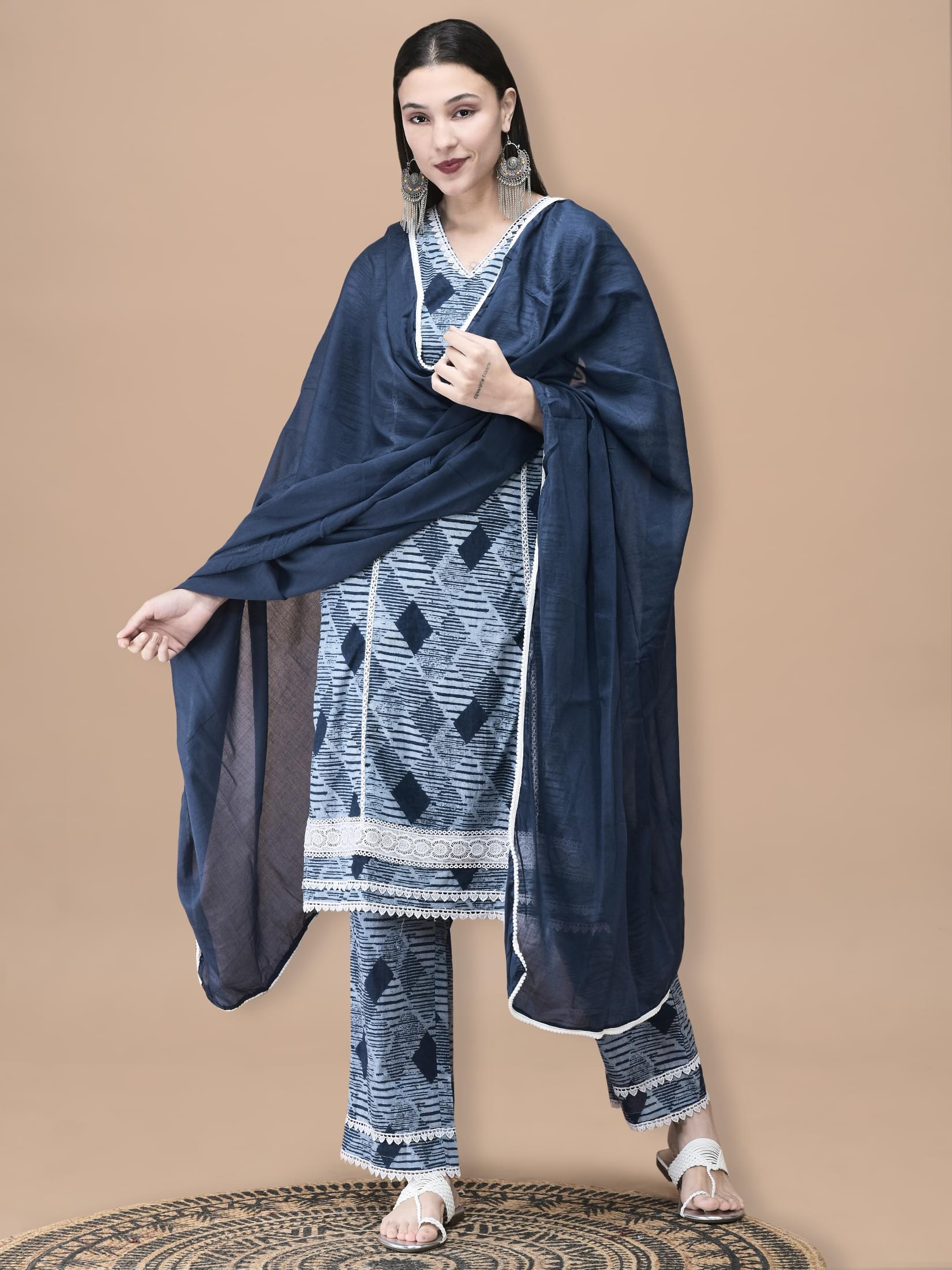 Cornflower blue geometric block print cotton straight line dupatta suit set