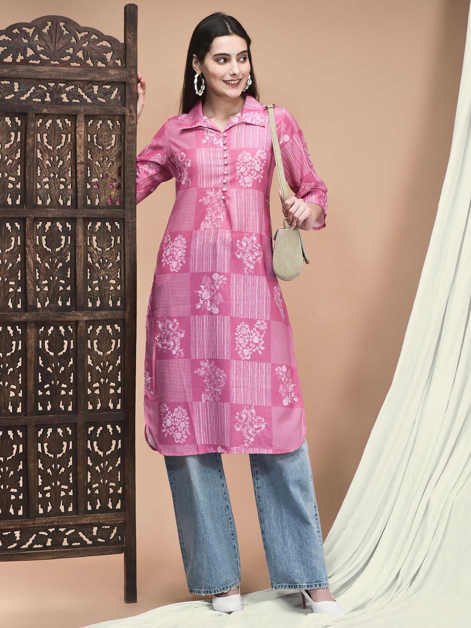 Women Linen Lime Green Ornamental Print Kurta.