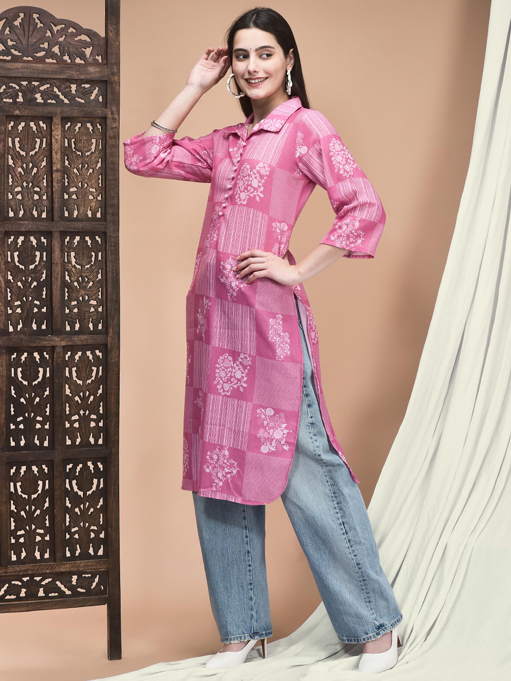 Women Linen Lime Green Ornamental Print Kurta.
