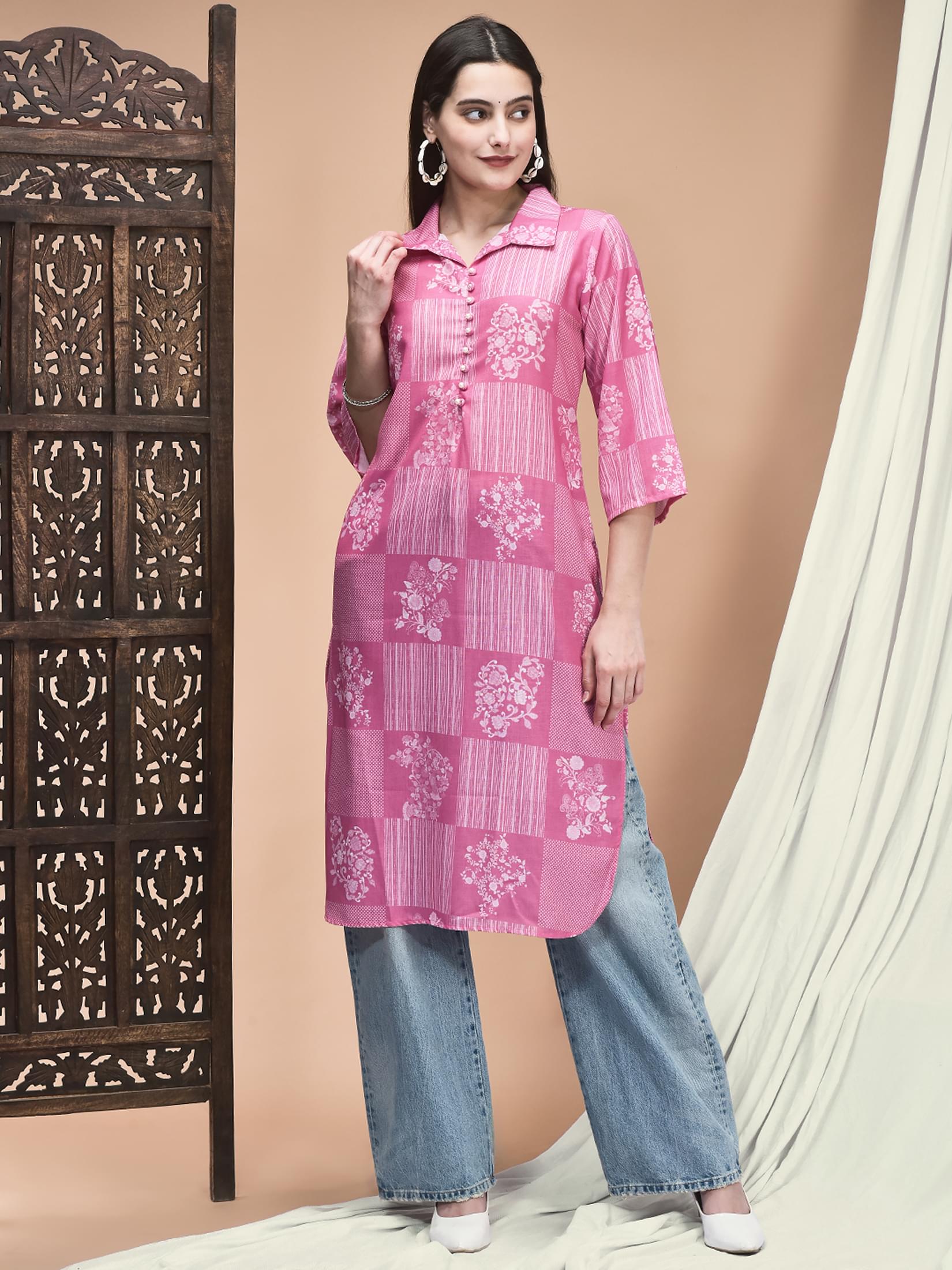 Lime green traditional ornamental border print pure linen regular line kurta