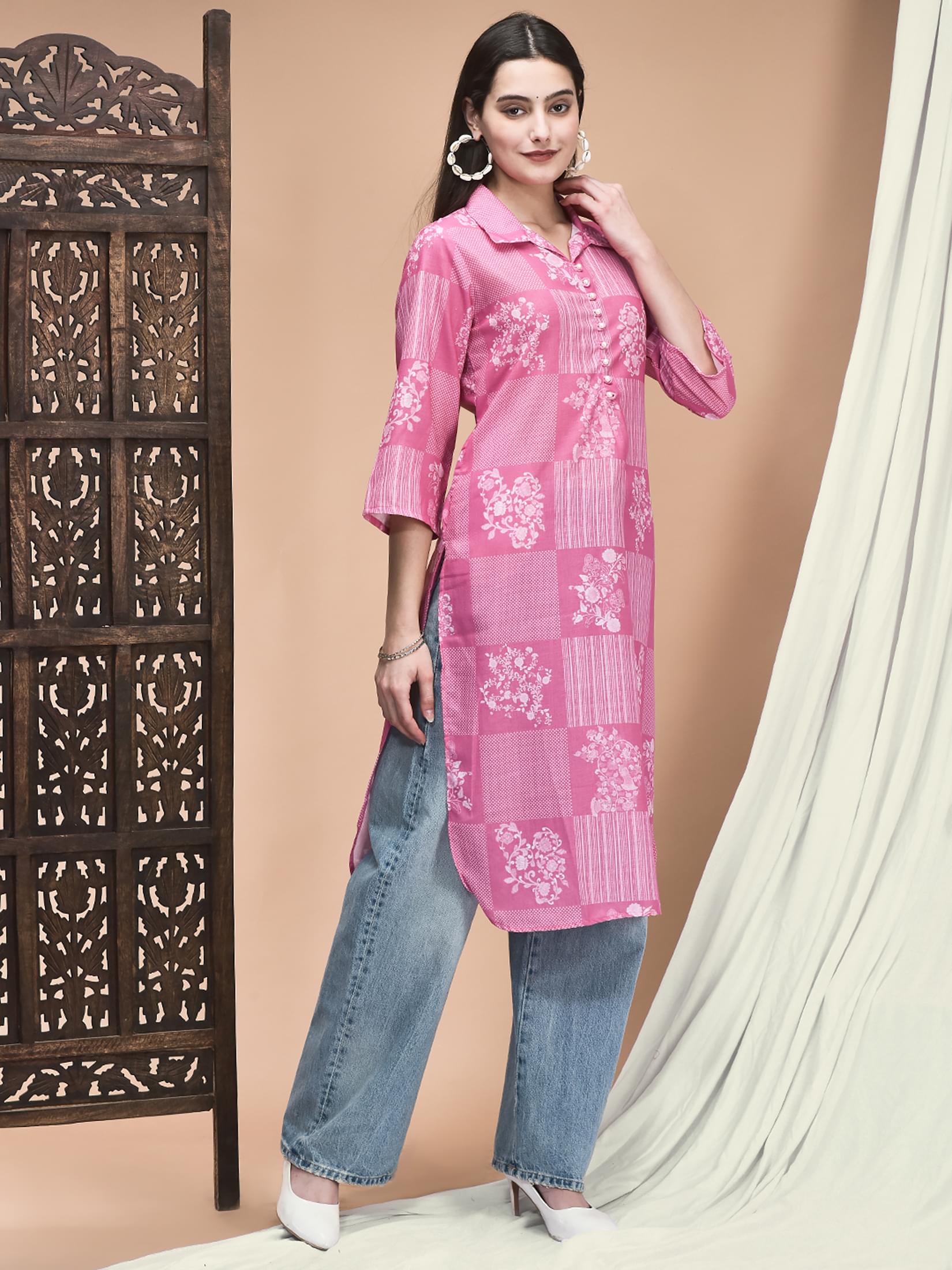 Women Linen Lime Green Ornamental Print Kurta.