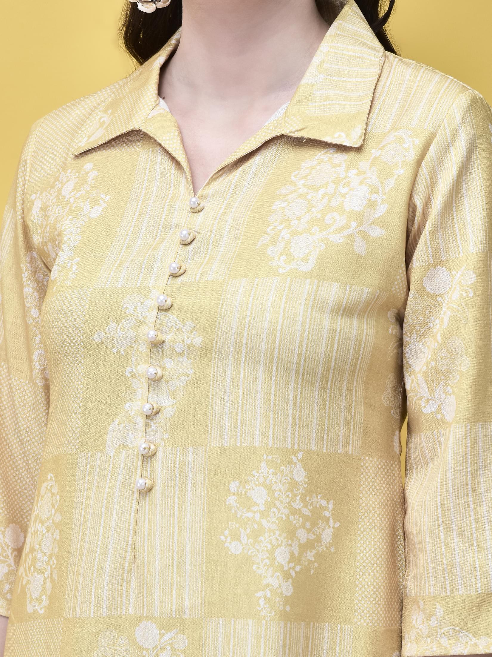 Women Linen Lime Green Ornamental Print Kurta.