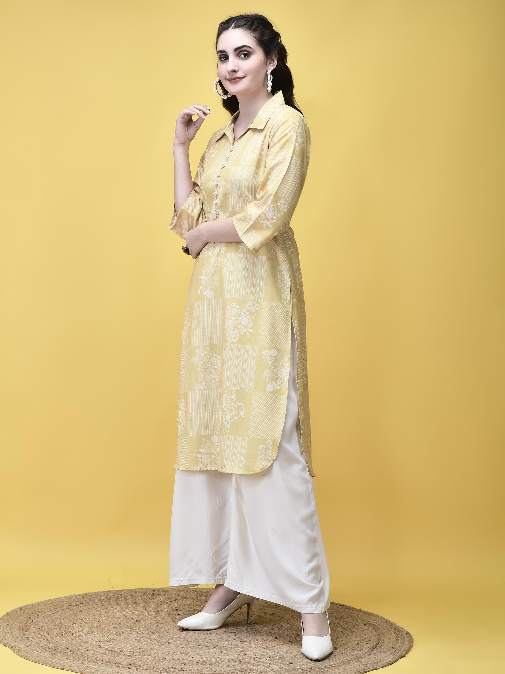 Women Linen Lime Green Ornamental Print Kurta.