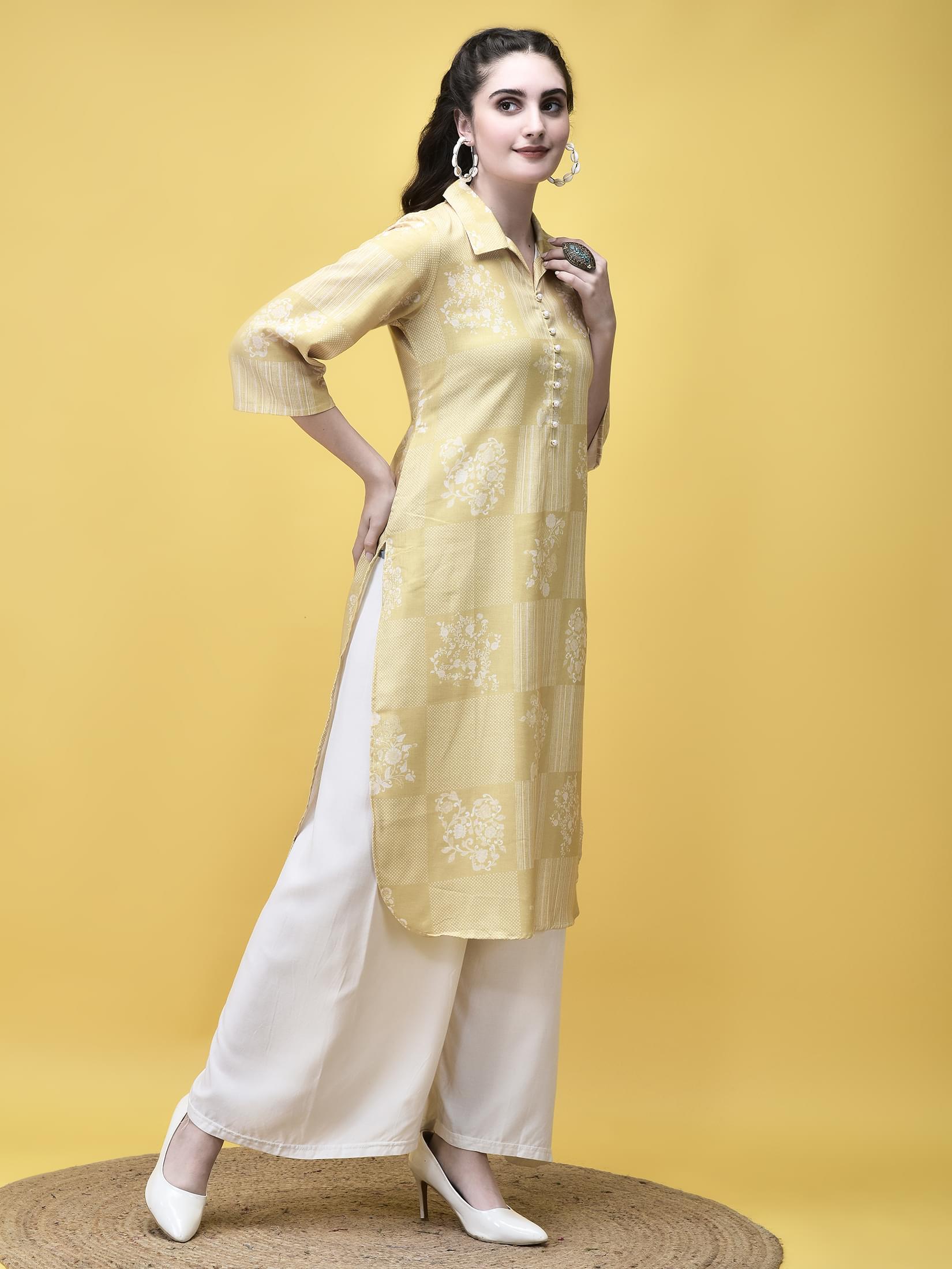 Women Linen Lime Green Ornamental Print Kurta.