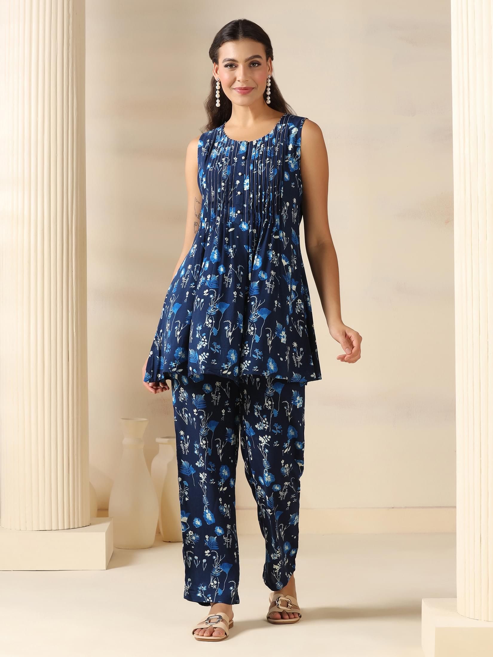 Women Liva Navy Blue Tropical Print Co-Ord Set.