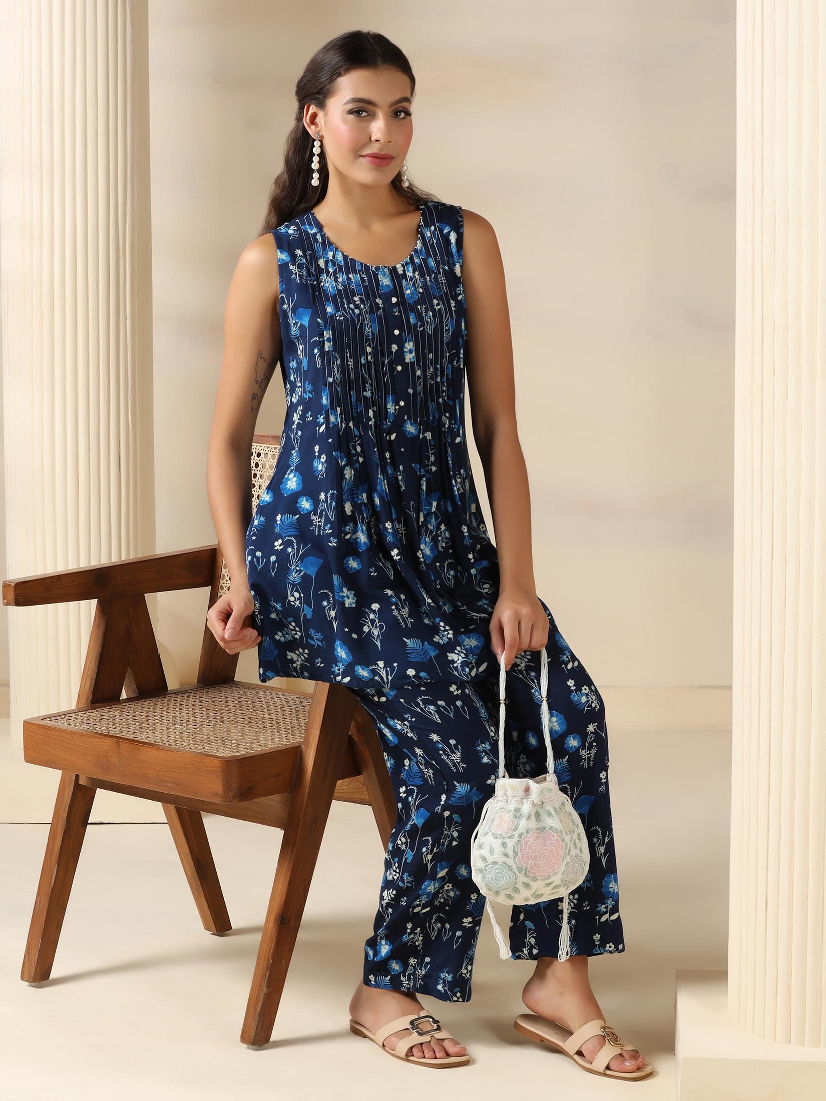 Deep navy blue tropical botanical print Liva fabric vacation co-ord set