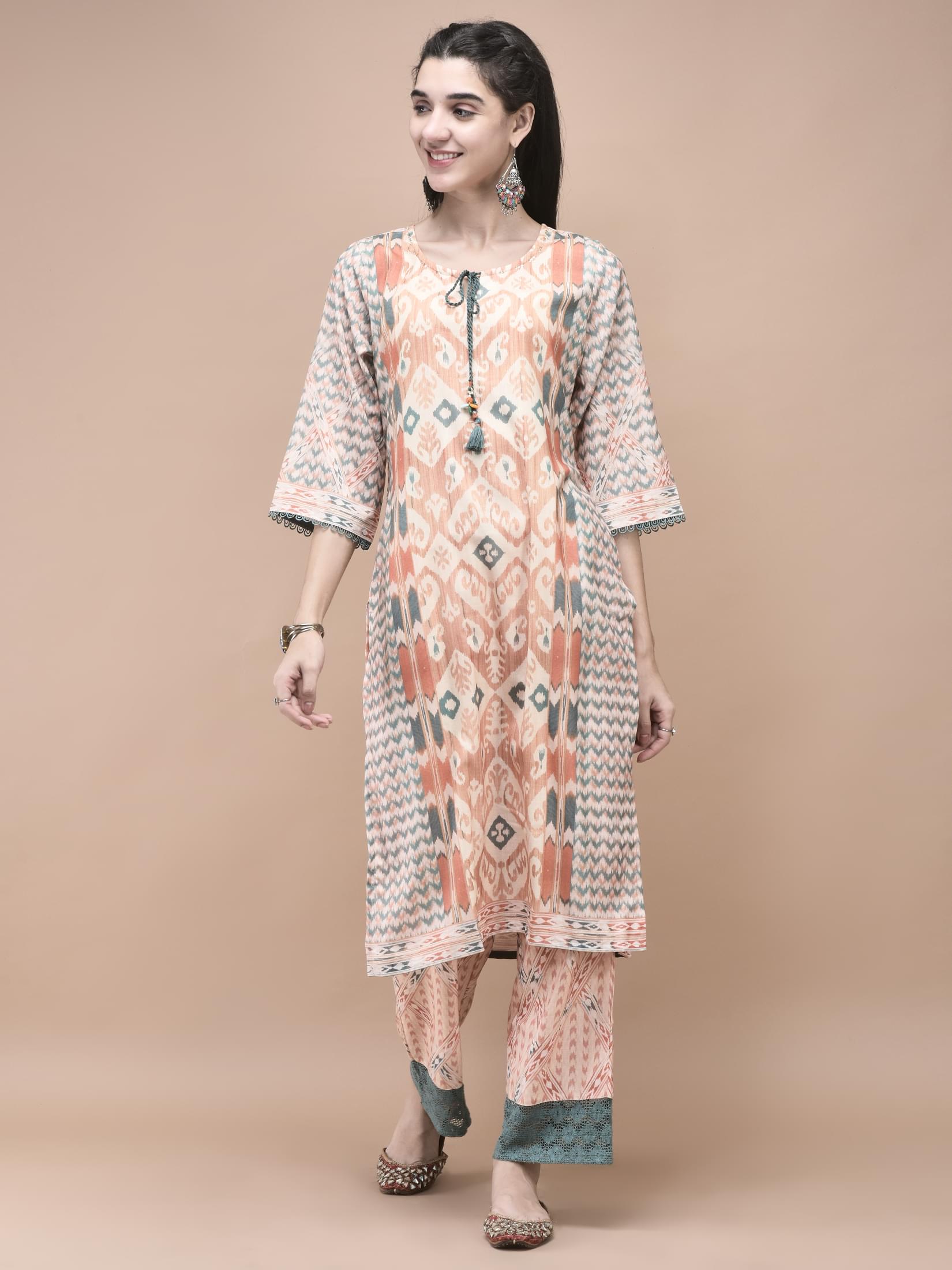 Women Linen Orange Ikat Print Kurta Comfort Pant Dupatta.
