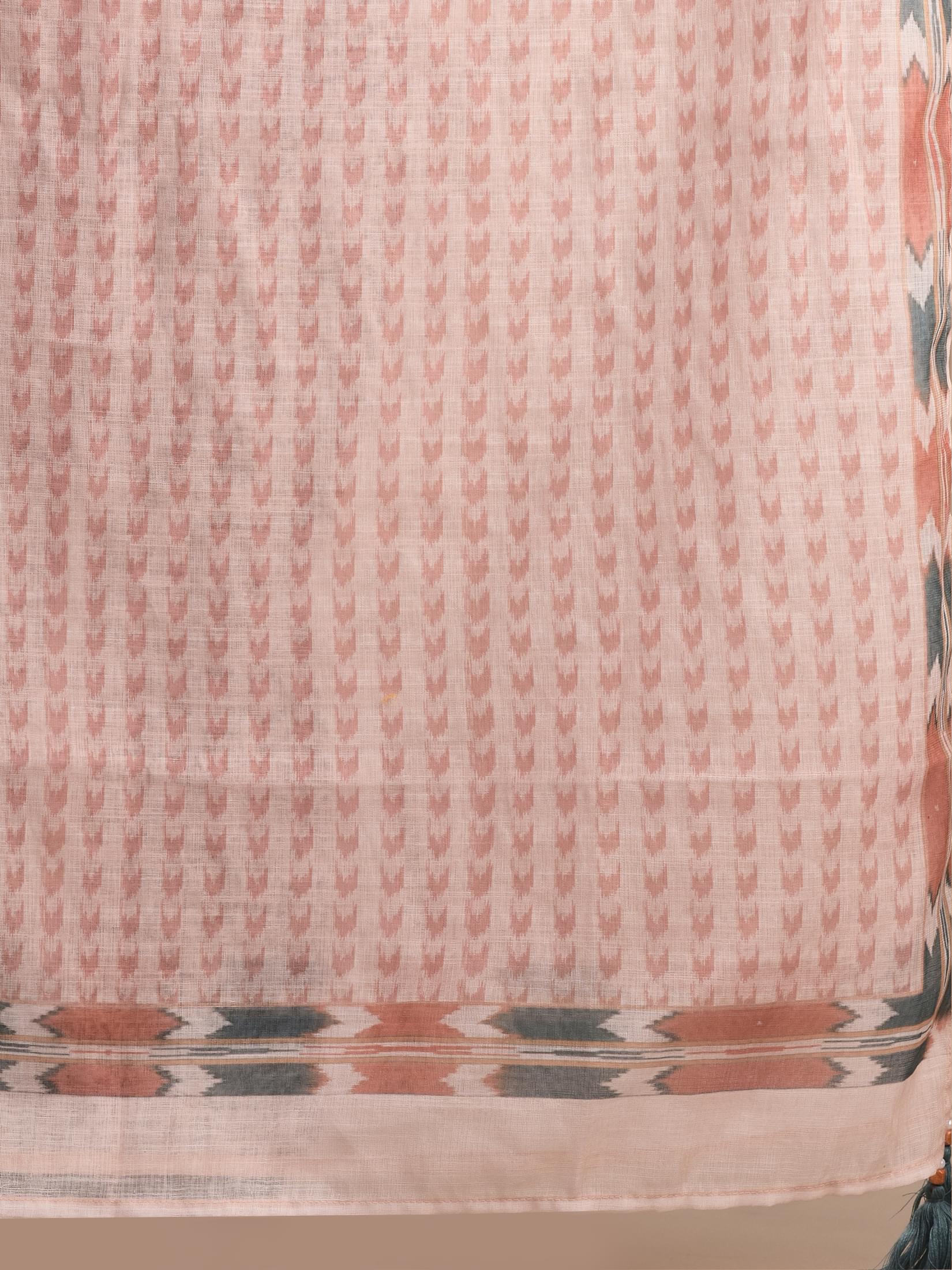 Women Linen Orange Ikat Print Kurta Comfort Pant Dupatta.
