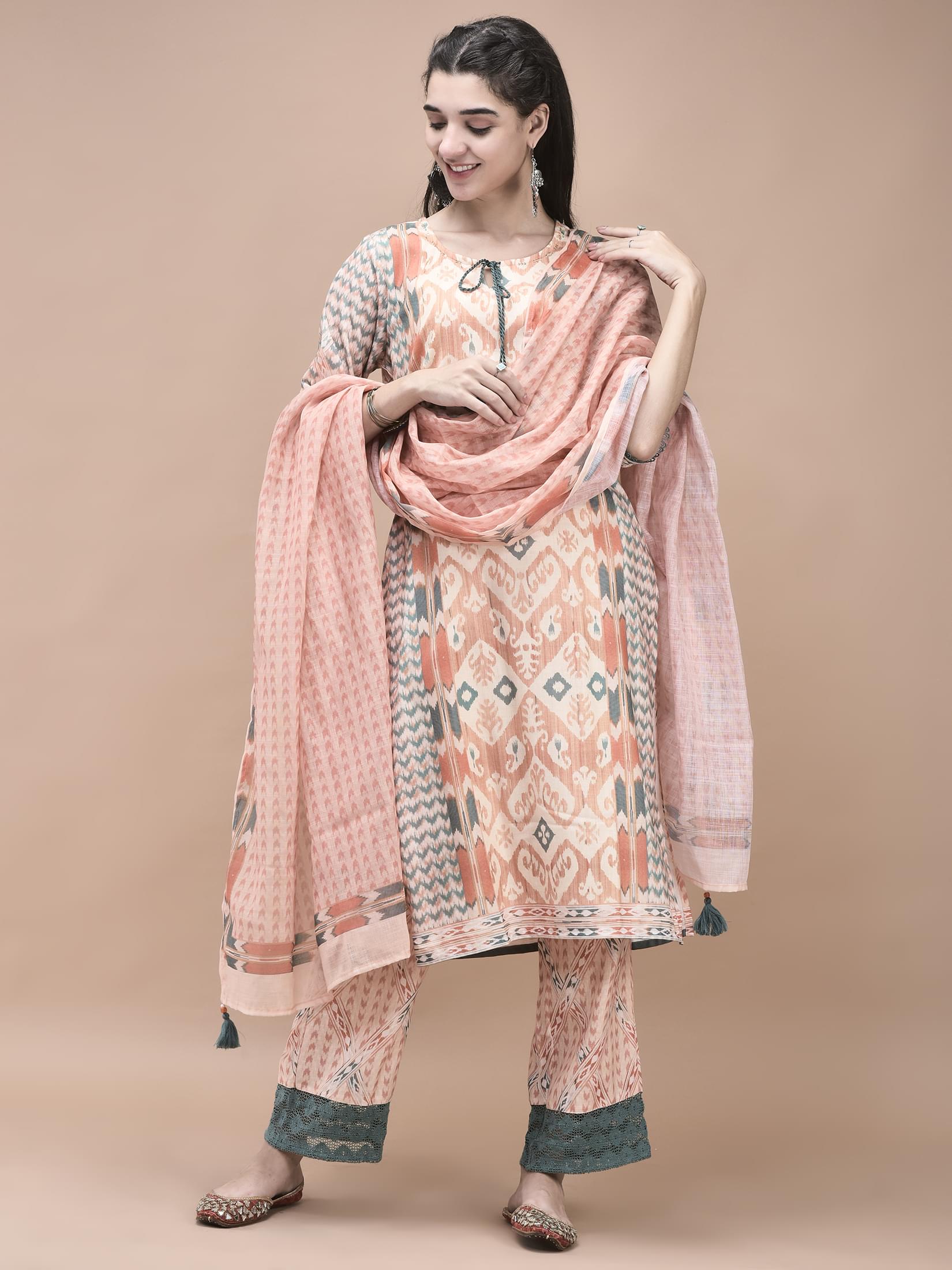 Women Linen Orange Ikat Print Kurta Comfort Pant Dupatta.