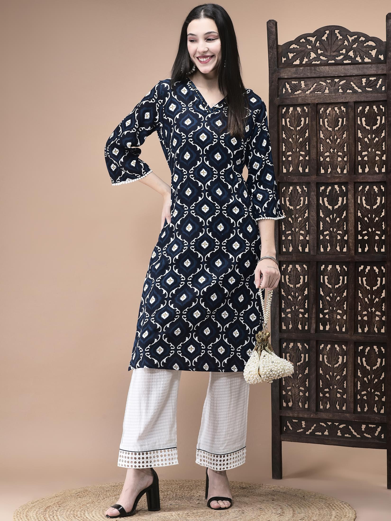 Women Liva Blue Geometric Print Kurta.