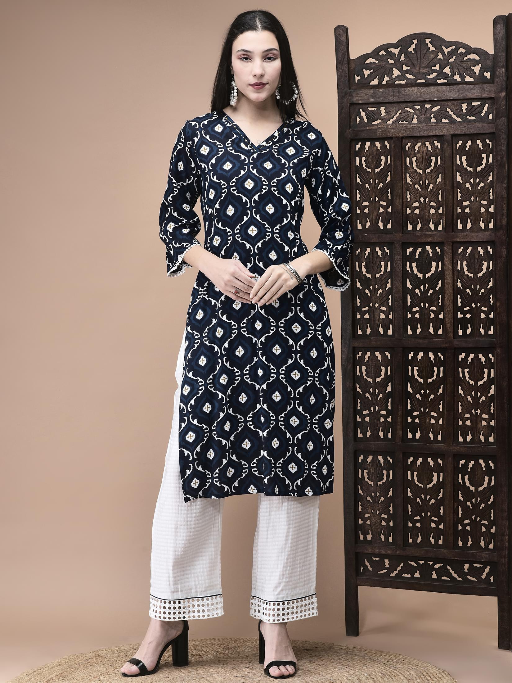 Sapphire blue geometric pattern print Liva fabric casual lifestyle kurta