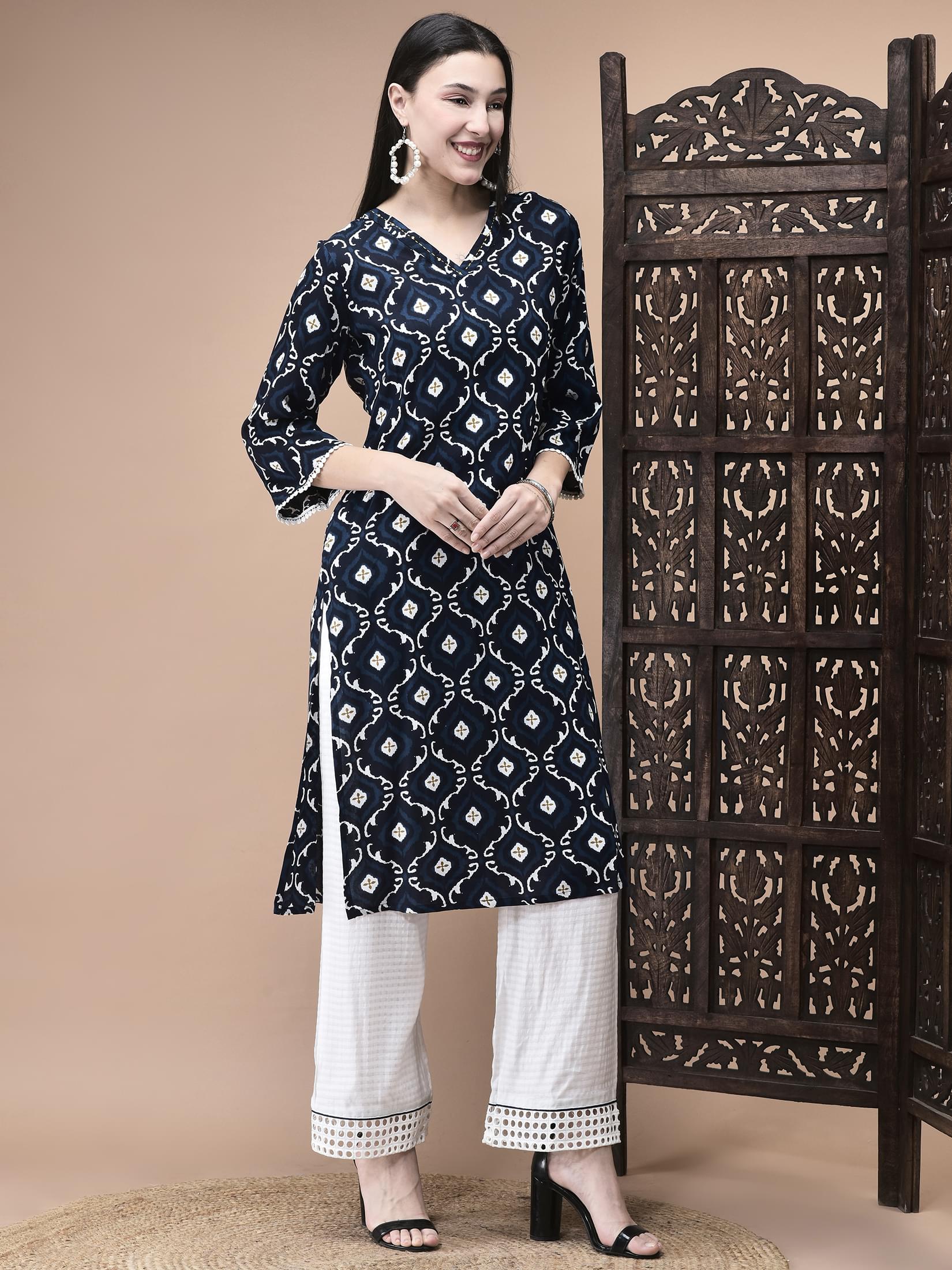 Women Liva Blue Geometric Print Kurta.