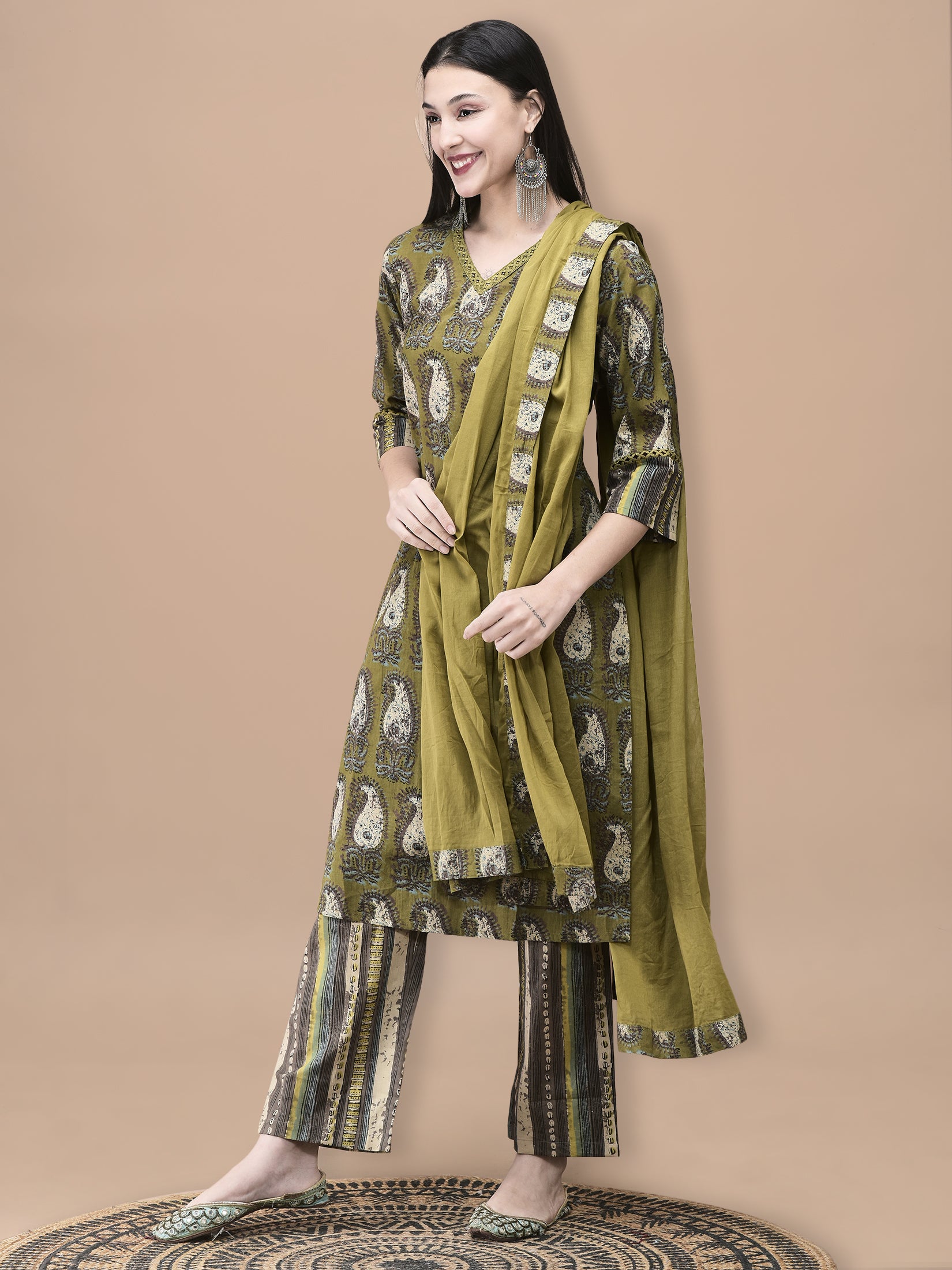 Women Cotton Olive Paisley Print Kurta Comfort Pant Dupatta