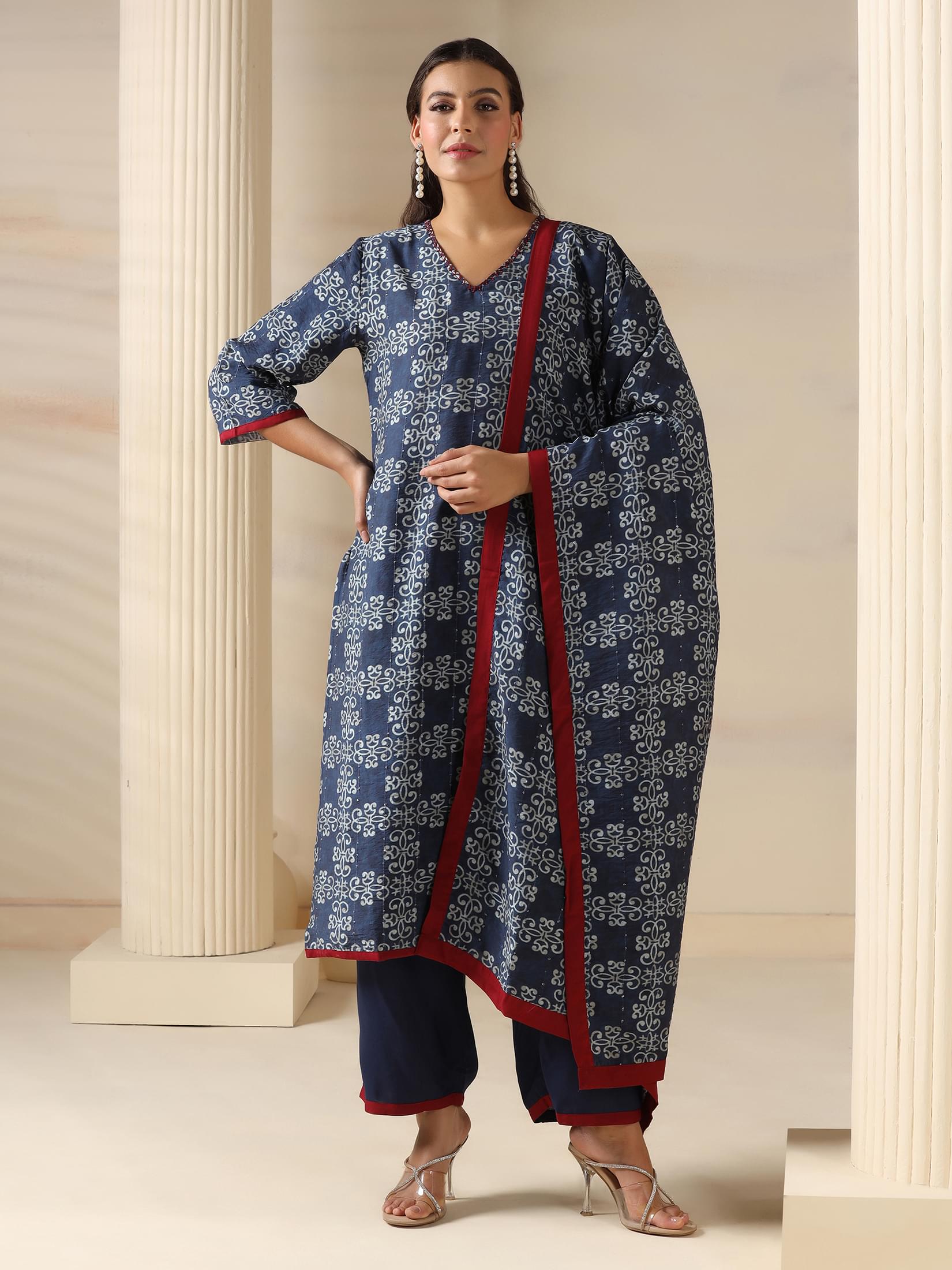 Navy blue artistic abstract print premium muslin silk blend luxury suit set