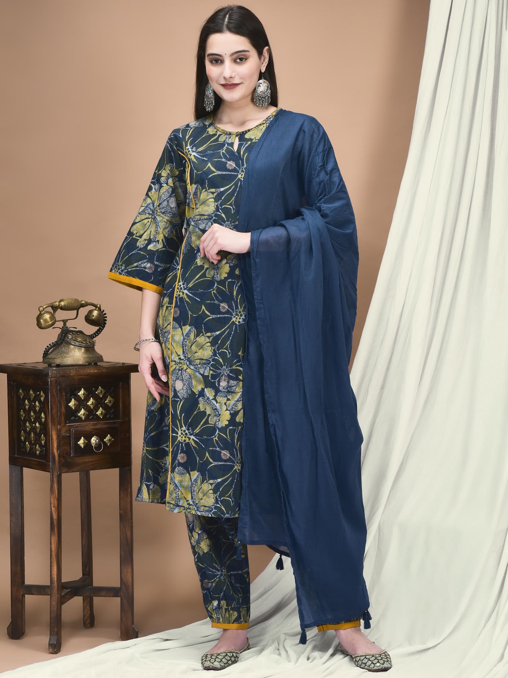 Women Cotton Indigo Floral Print Kurta Harem Pant Dupatta.