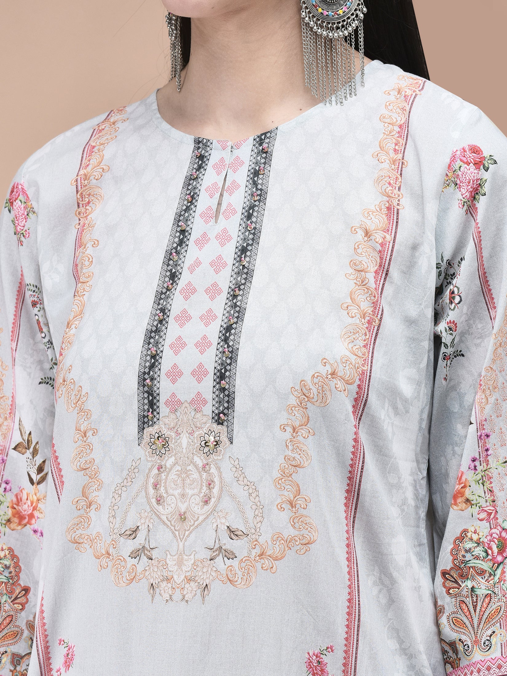 Women Cotton Grey Floral Print Kurta Comfort Pant Dupatta