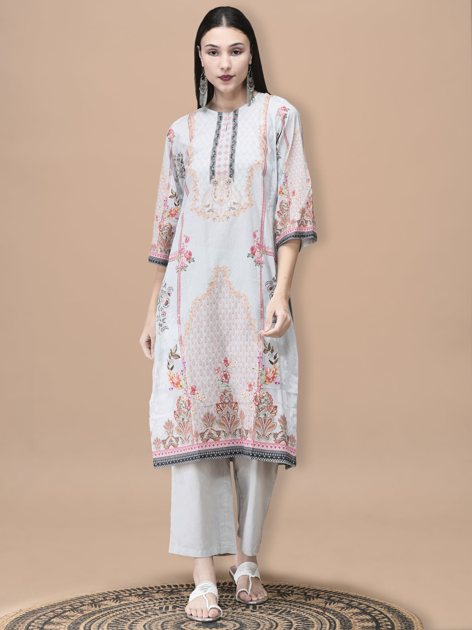 Women Cotton Grey Floral Print Kurta Comfort Pant Dupatta