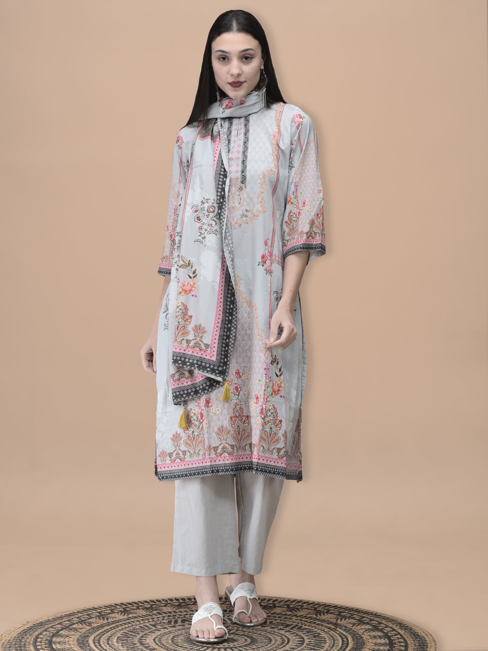 Women Cotton Grey Floral Print Kurta Comfort Pant Dupatta