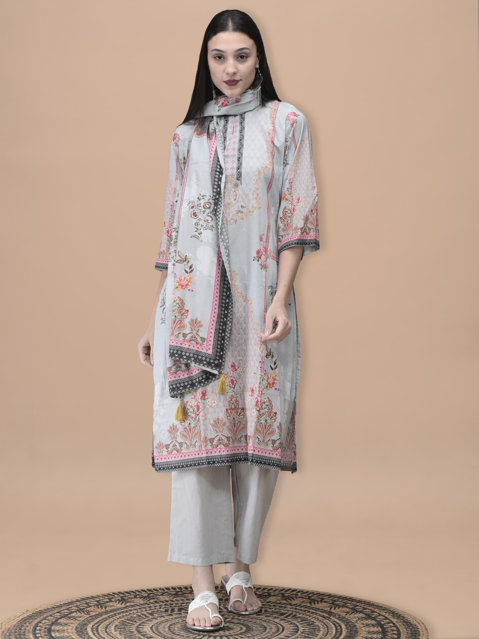 Slate grey floral layout printed cotton everyday look straight silhouette suit