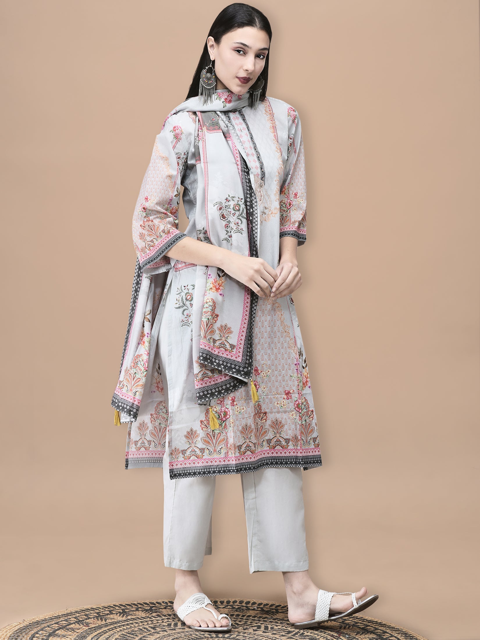 Women Cotton Grey Floral Print Kurta Comfort Pant Dupatta