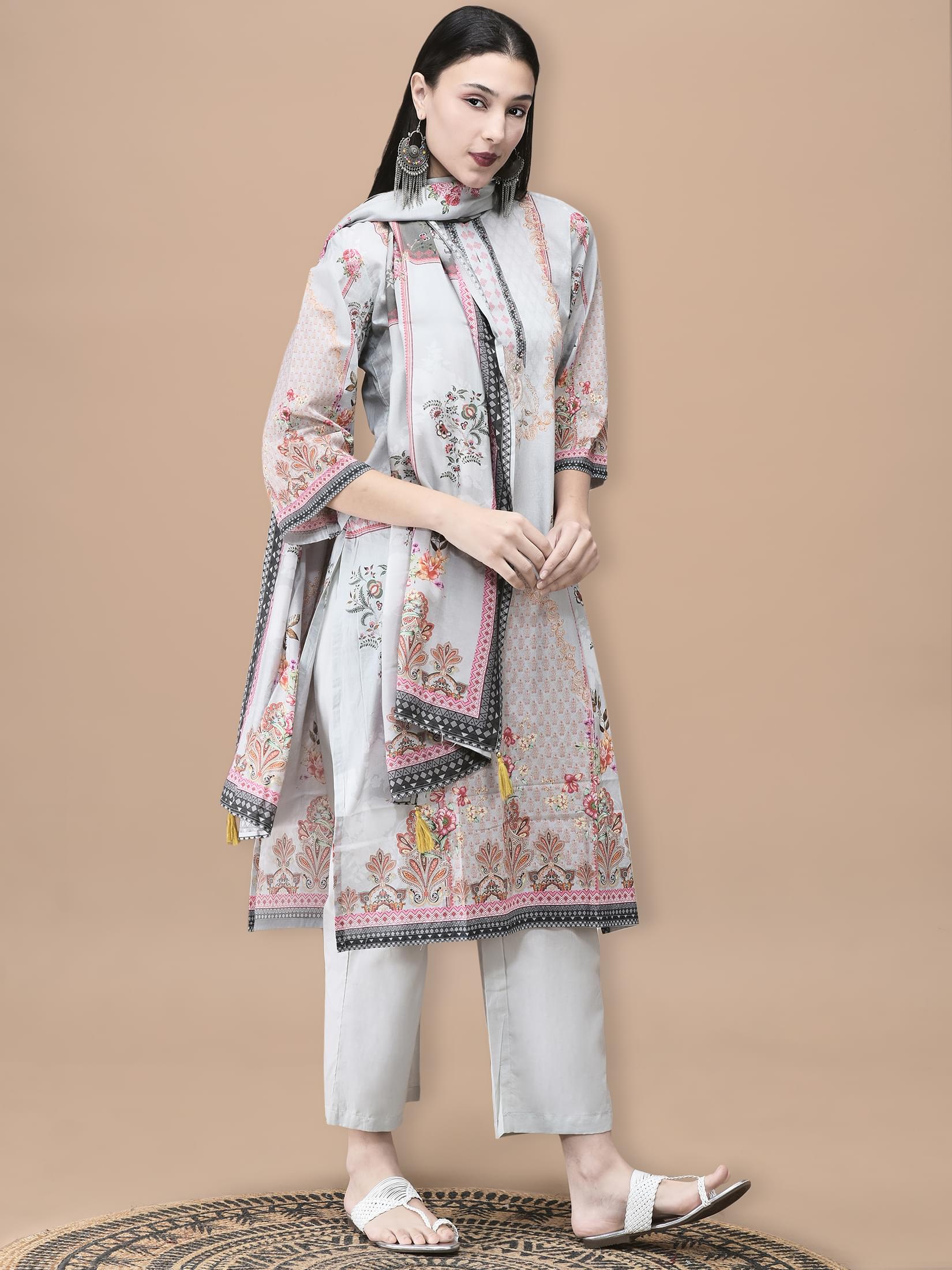 Women Cotton Grey Floral Print Kurta Comfort Pant Dupatta.