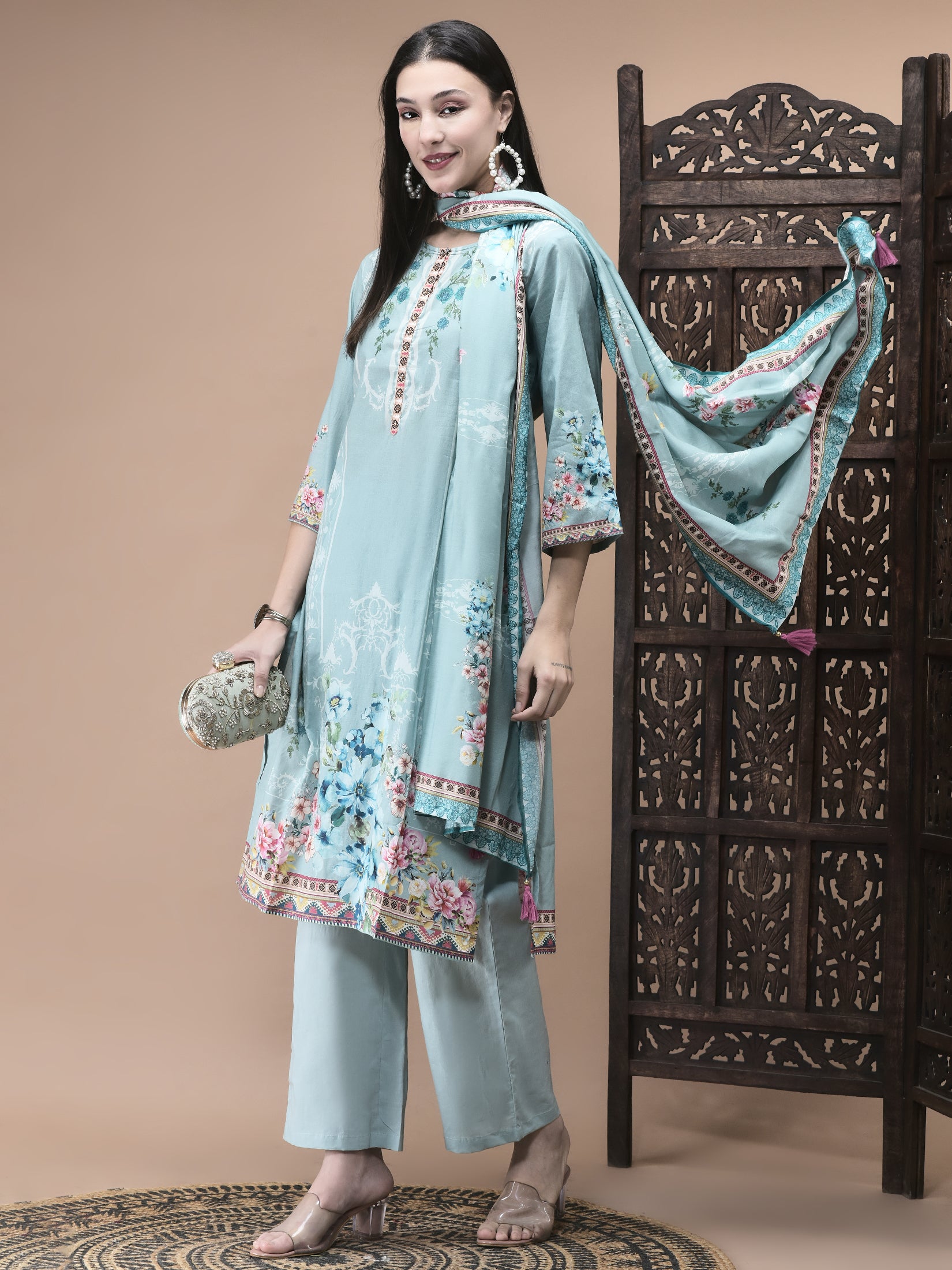 Women Cotton Blue Floral Print Kurta Comfort Pant Dupatta