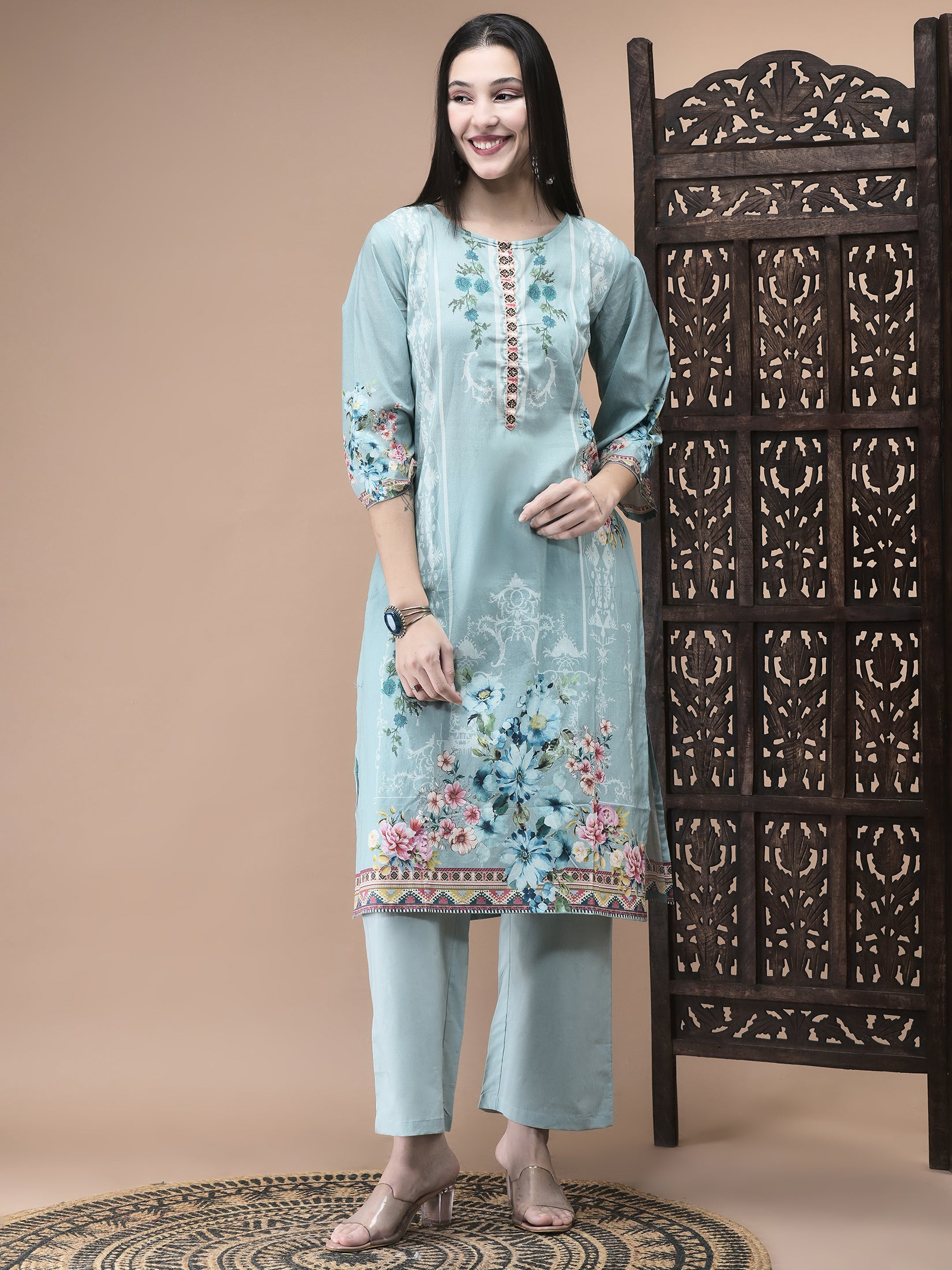 Women Cotton Blue Floral Print Kurta Comfort Pant Dupatta