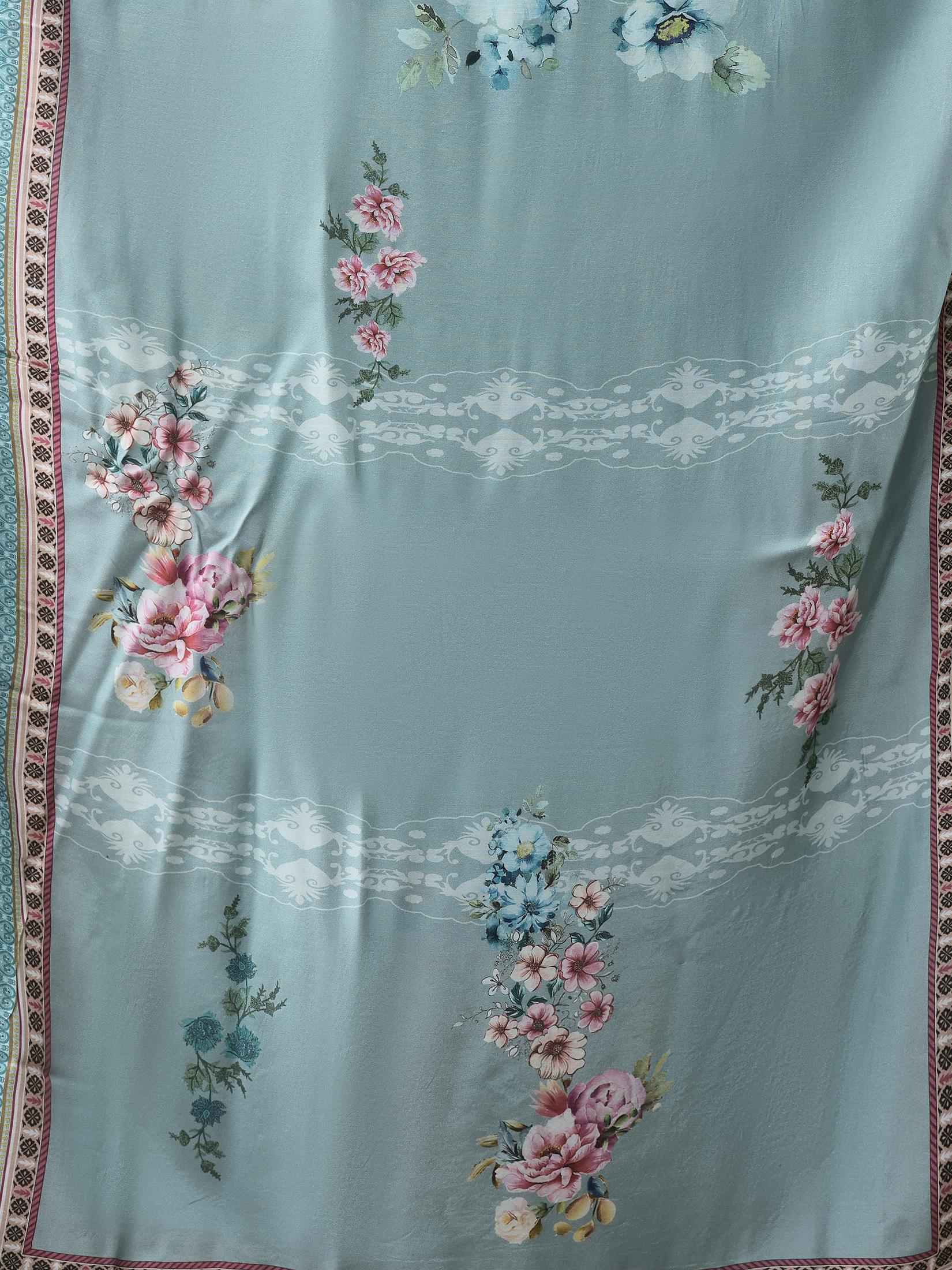 Women Cotton Blue Floral Print Kurta Comfort Pant Dupatta.