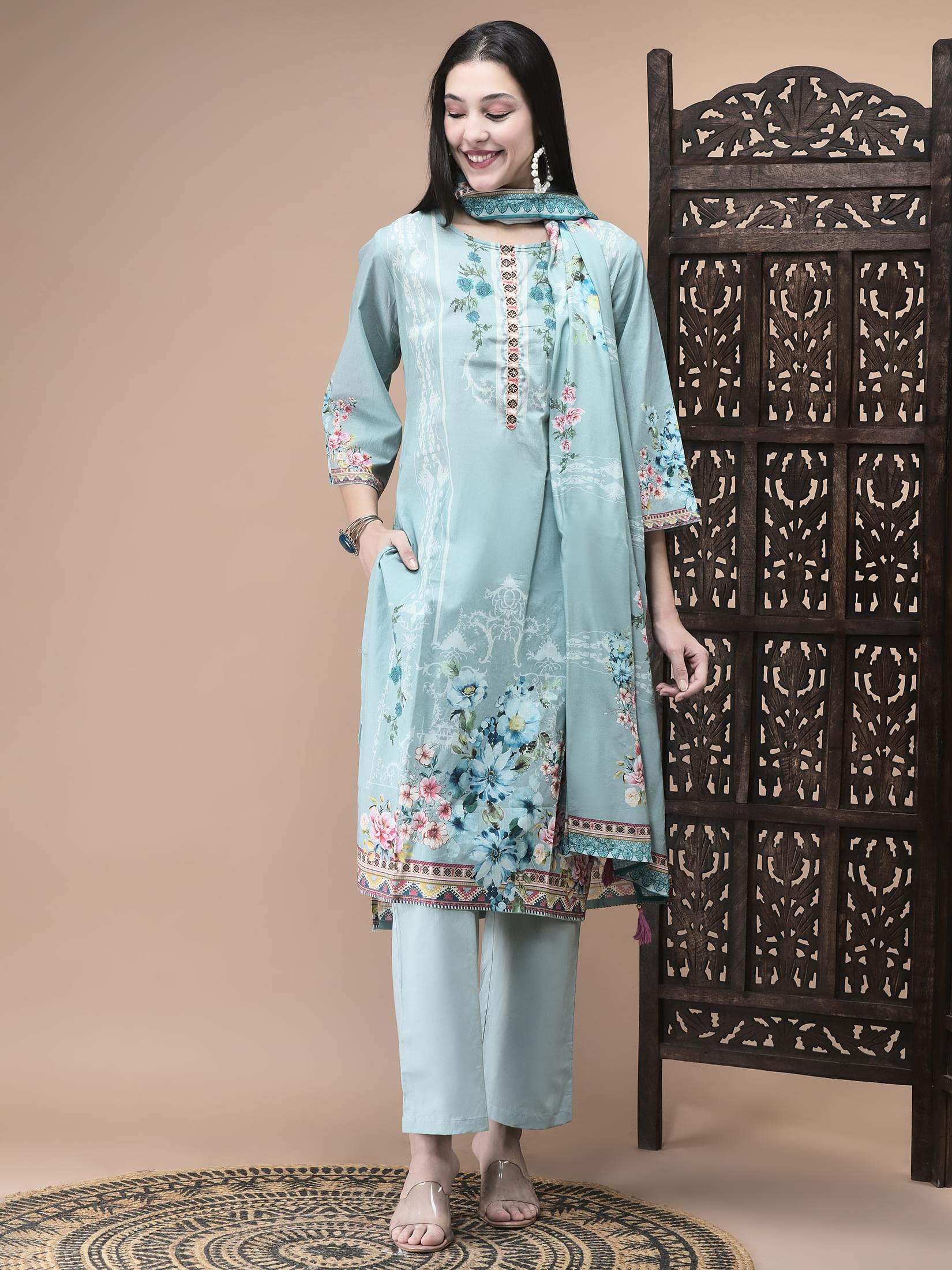Deep sky blue floral print cotton straight line casual trousers suit set