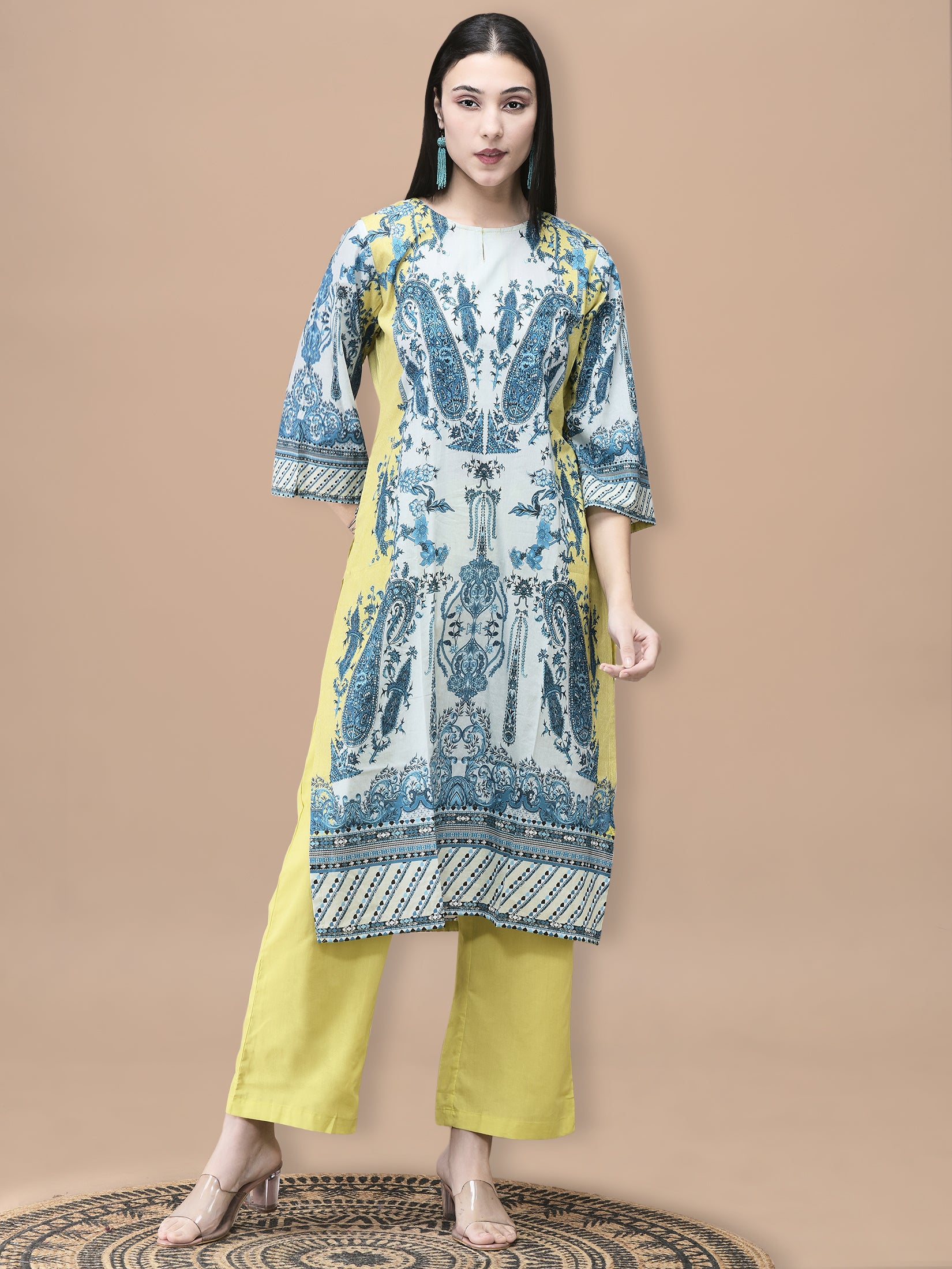Women Cotton Blue Floral Print Kurta Comfort Pant Dupatta