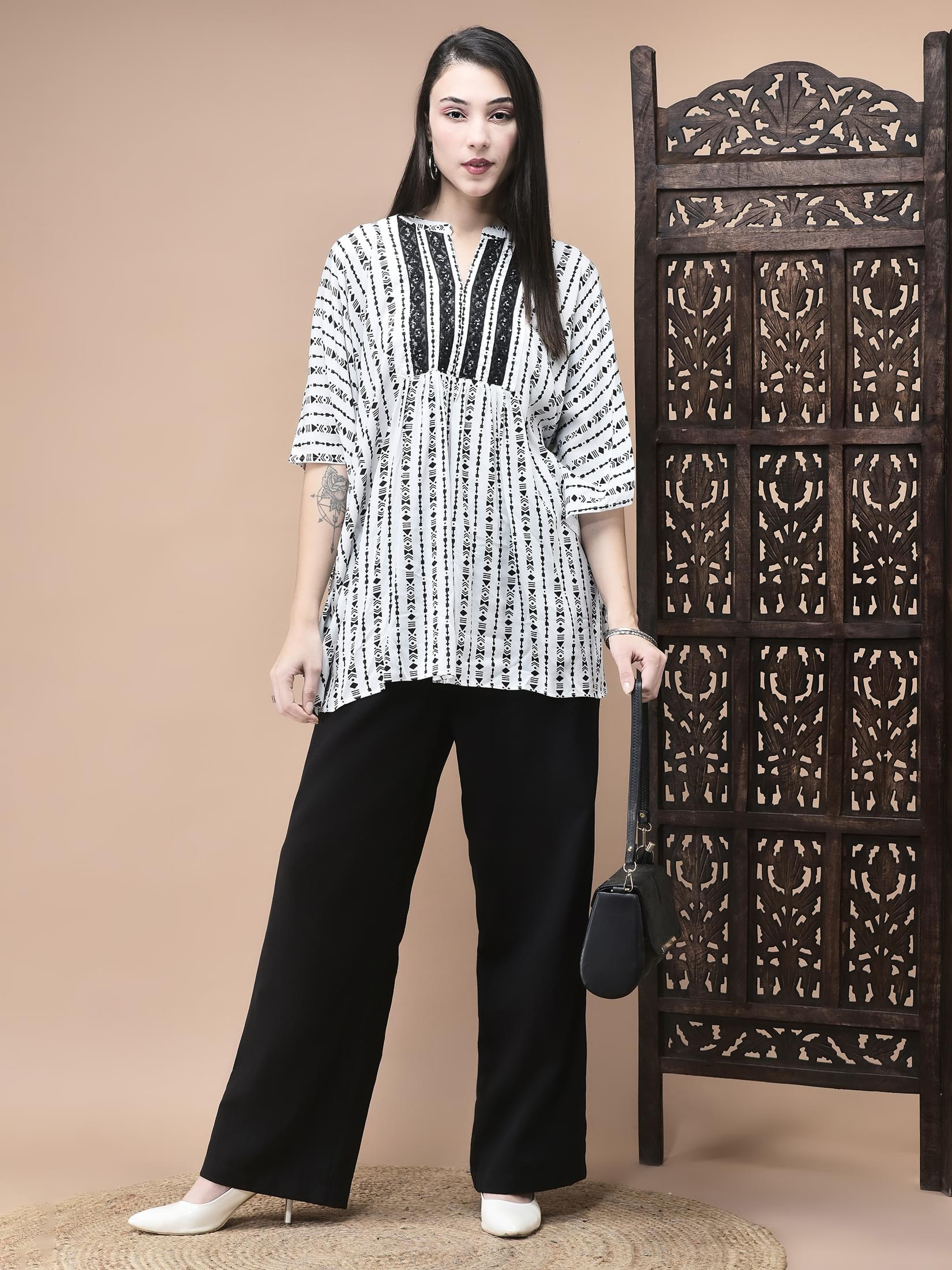 Women Liva White and Black Geometric Print Tunic.