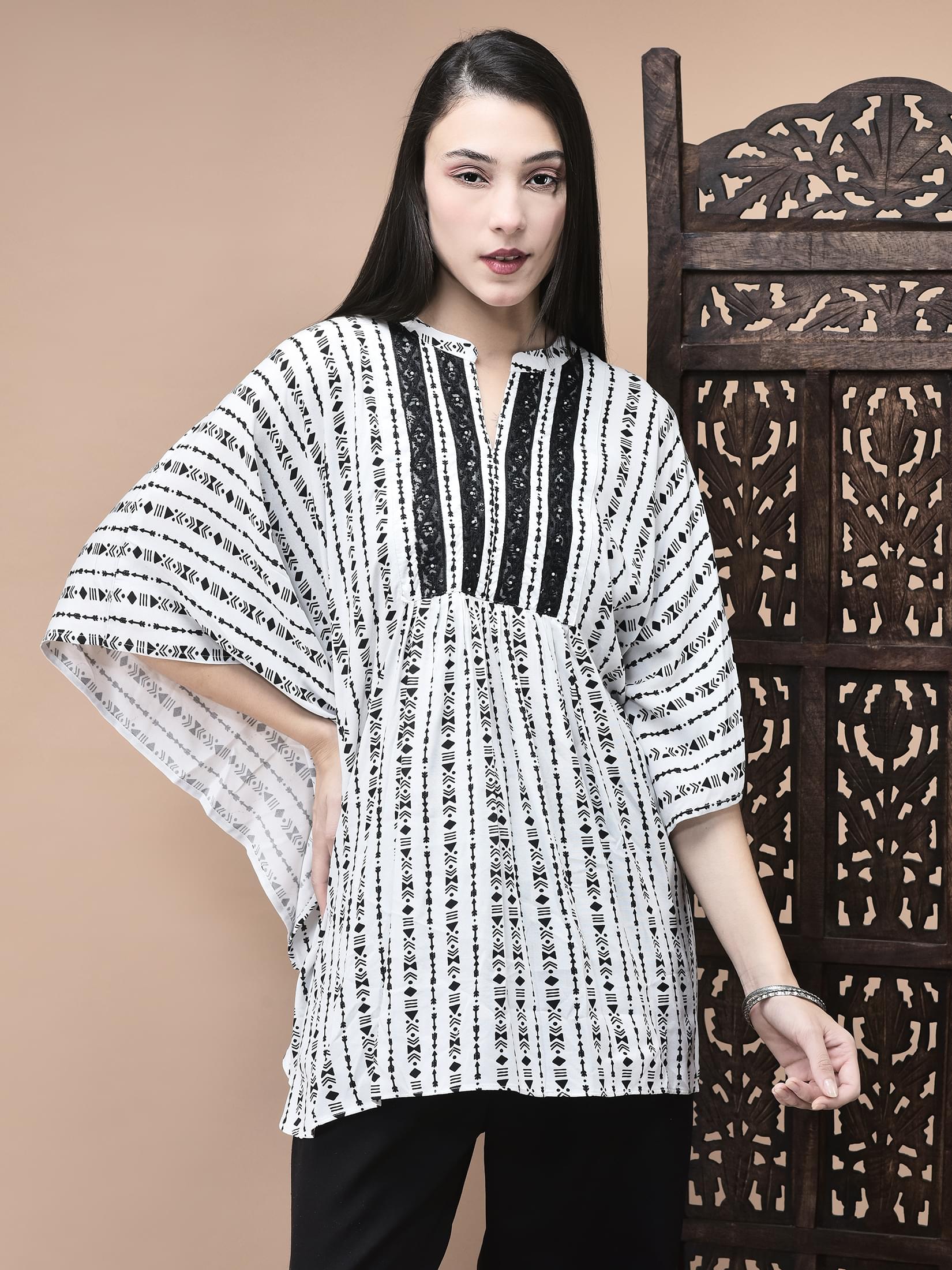 Women Liva White and Black Geometric Print Tunic.