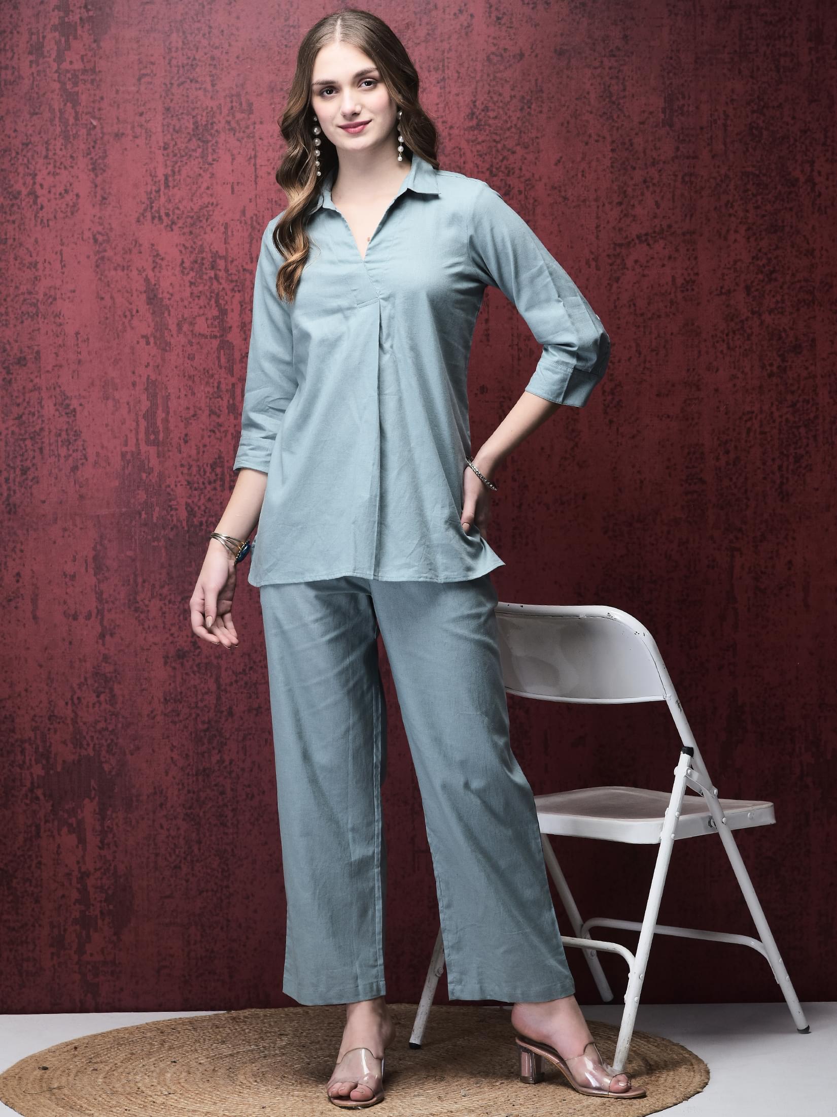 Cool grey basic solid pure linen relaxed lounge wear matching two piece set