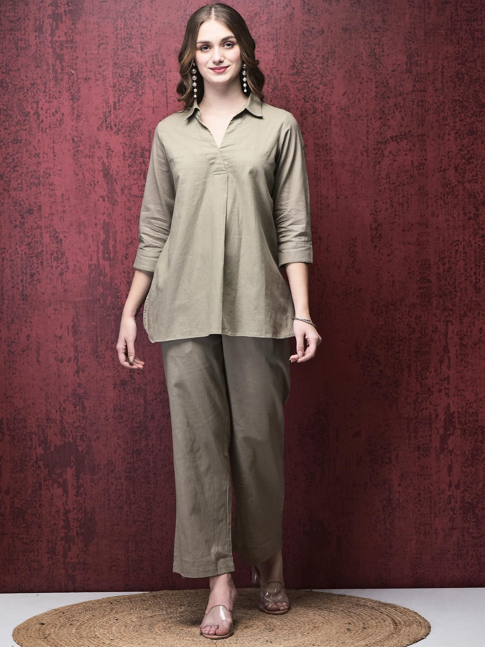 Women Linen Khaki Solid Co-Ord Set.