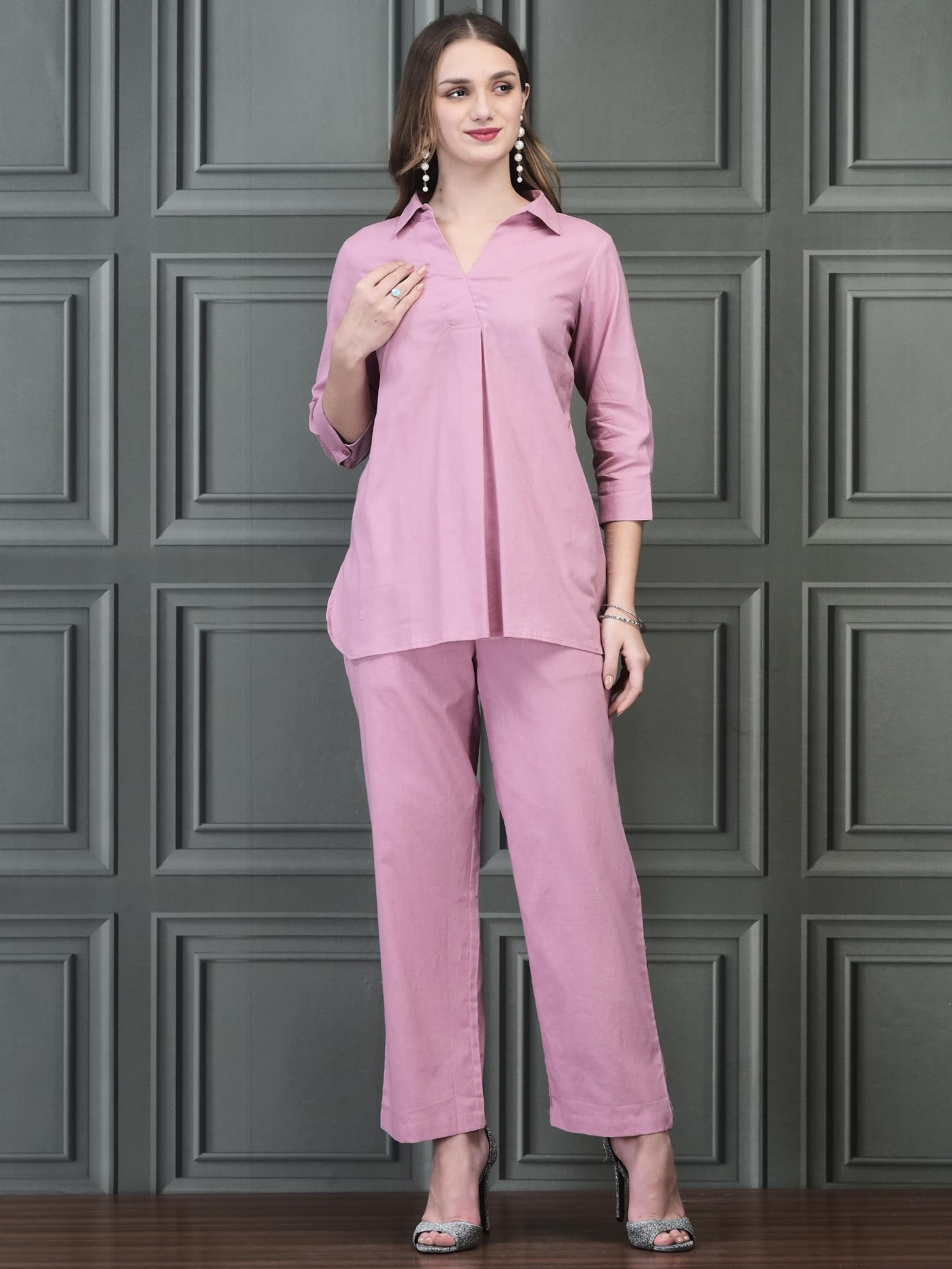 Women Linen Pink Solid Co-Ord Set.