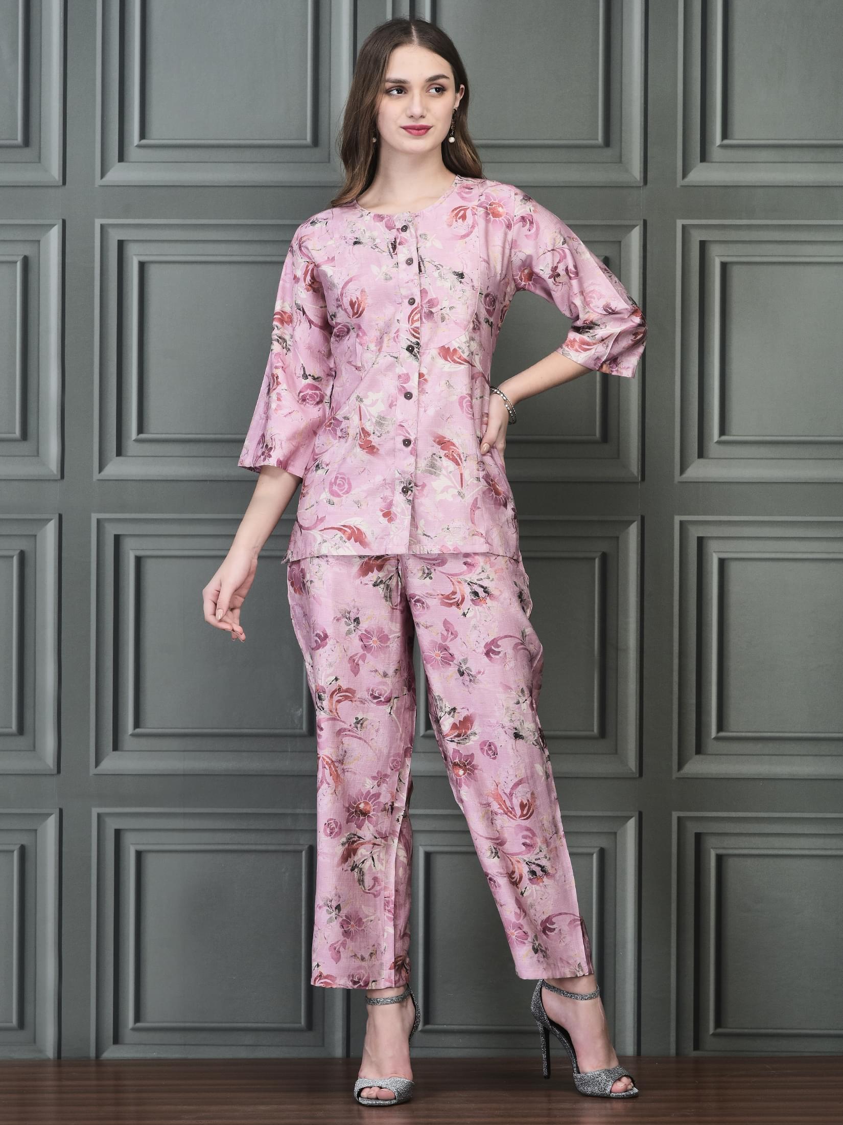 Pastel pink artistic floral display print Khadi silk premium fashion co-ord set