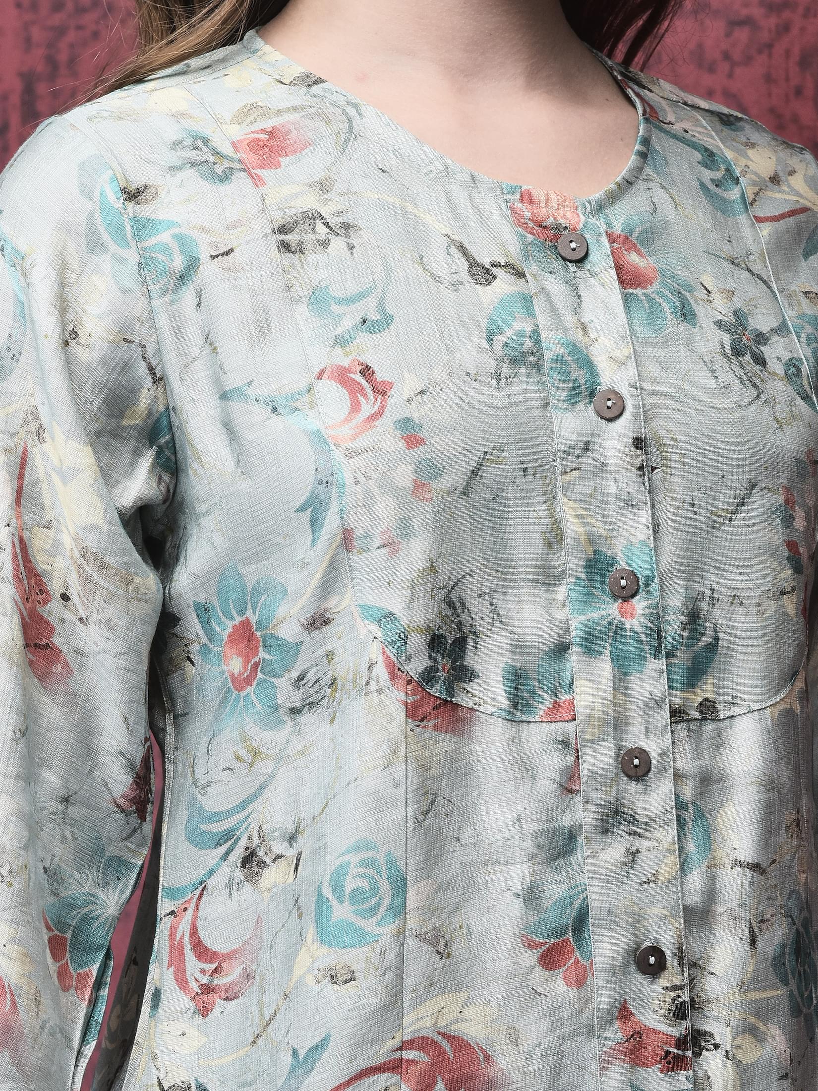 Women Khadi Silk Blue Floral Print Co-Ord Set.